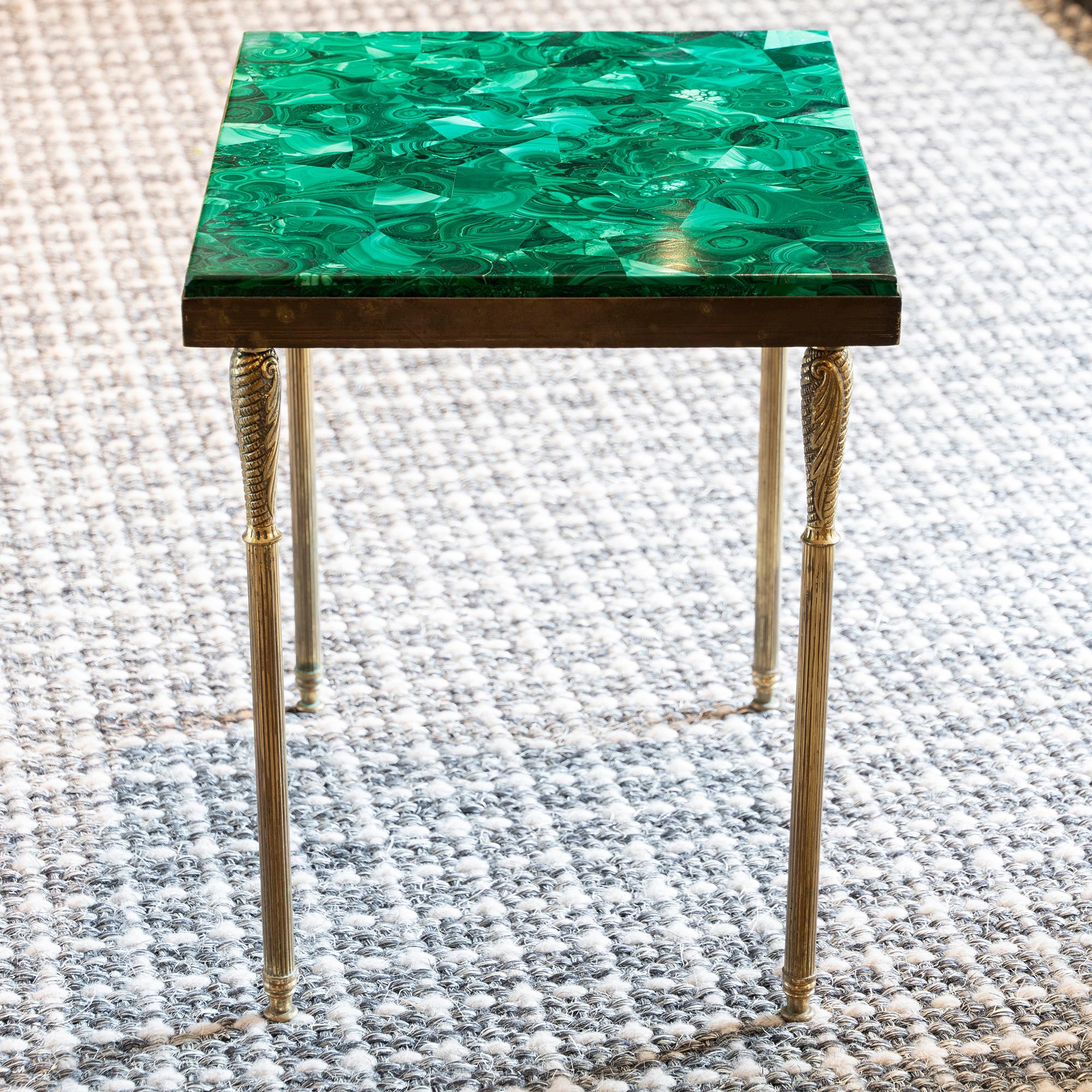 Side table in brass with Malachite top, perfect condition and vintage patina, Italy 1960s circa.