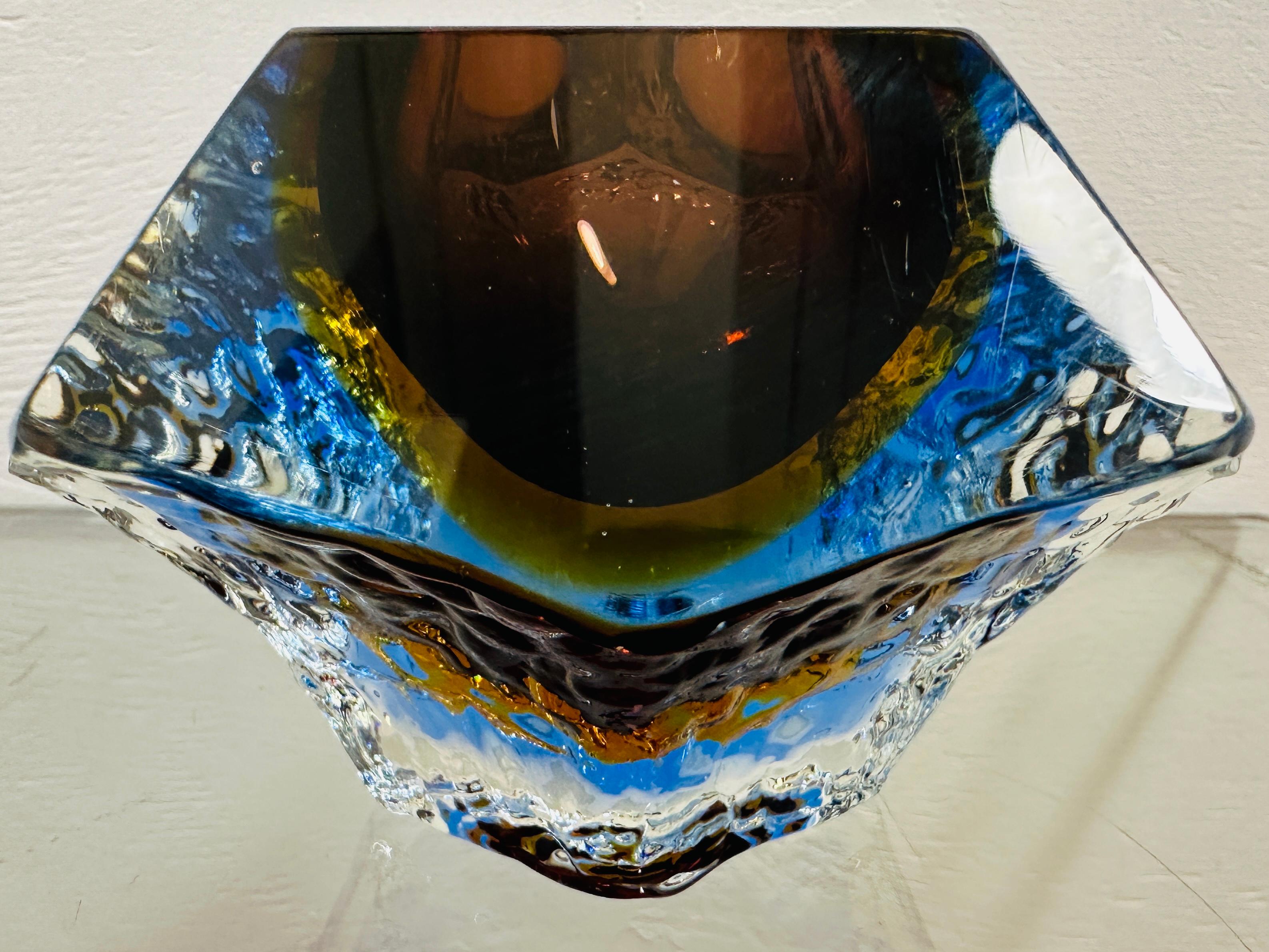 1960s Italian Mandruzzato Sommerso Murano Brown Blue Clear Textured Glass Bowl 4