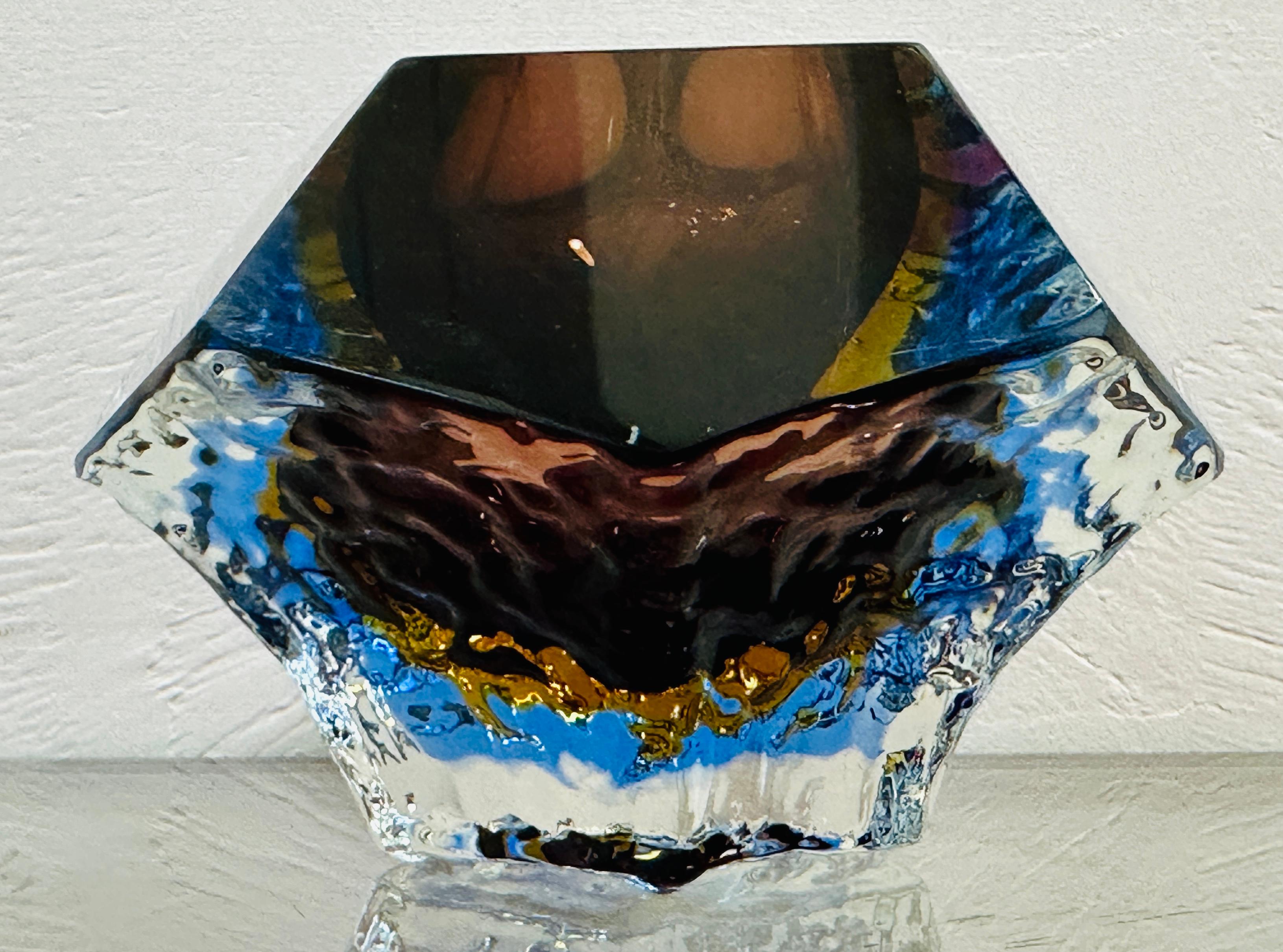 1960s Italian Mandruzzato Sommerso Murano Brown Blue Clear Textured Glass Bowl 6