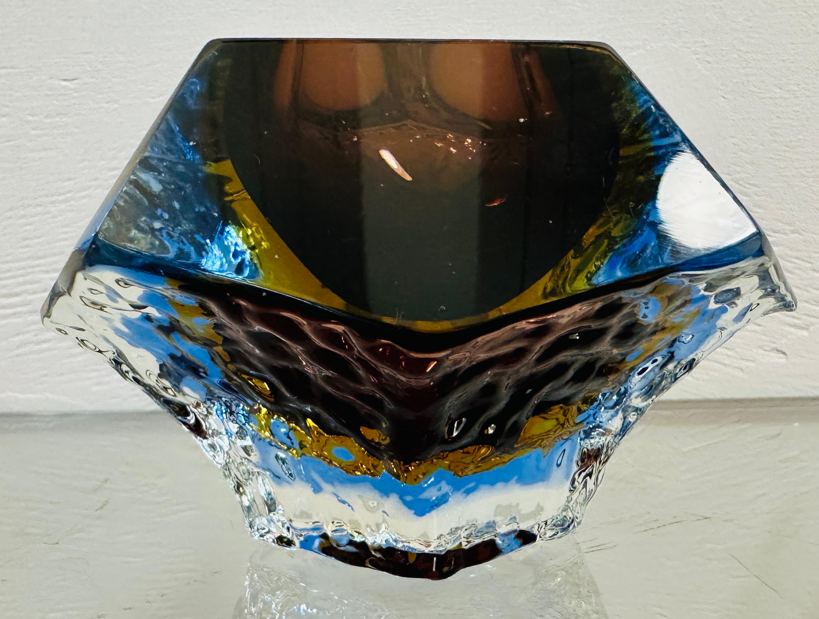 1960s Italian Mandruzzato Sommerso Murano Brown Blue Clear Textured Glass Bowl 7
