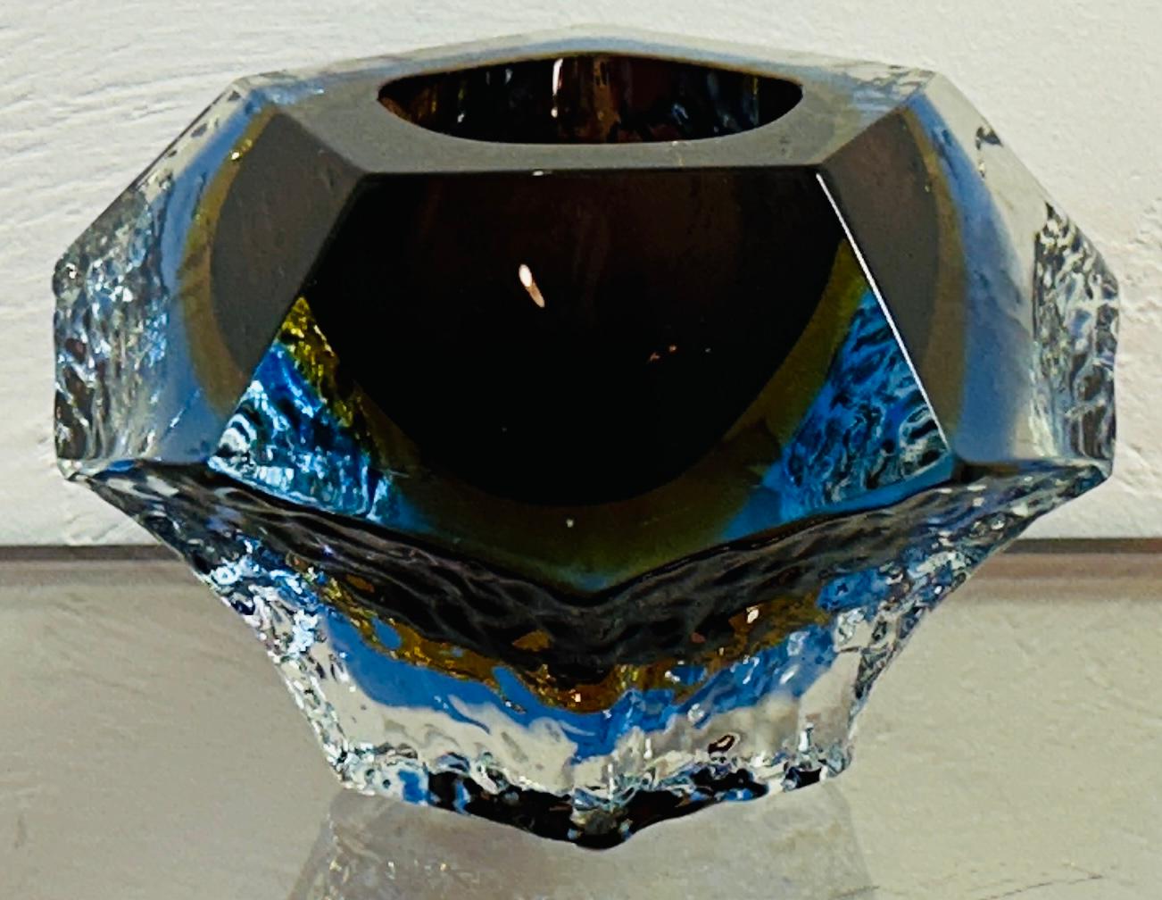 1960s Italian Murano glass bowl, dish or ashtray.  Made by the Mandruzzato factory.  The bowl is made of a combination of dark brown chocolate coloured glass in the centre surrounded by a lighter brown and blue encased in an angular five-sided