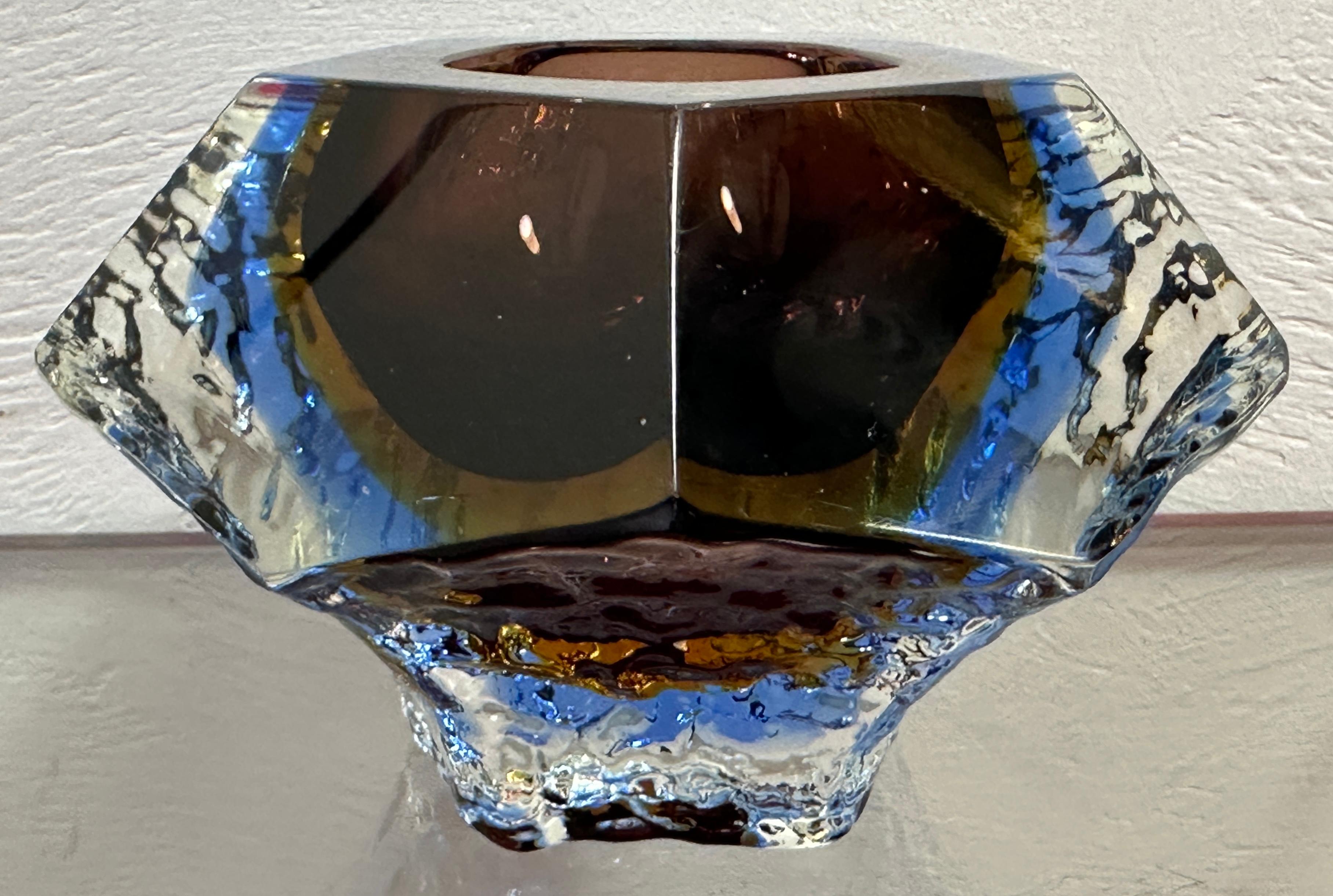 Mid-Century Modern 1960s Italian Mandruzzato Sommerso Murano Brown Blue Clear Textured Glass Bowl