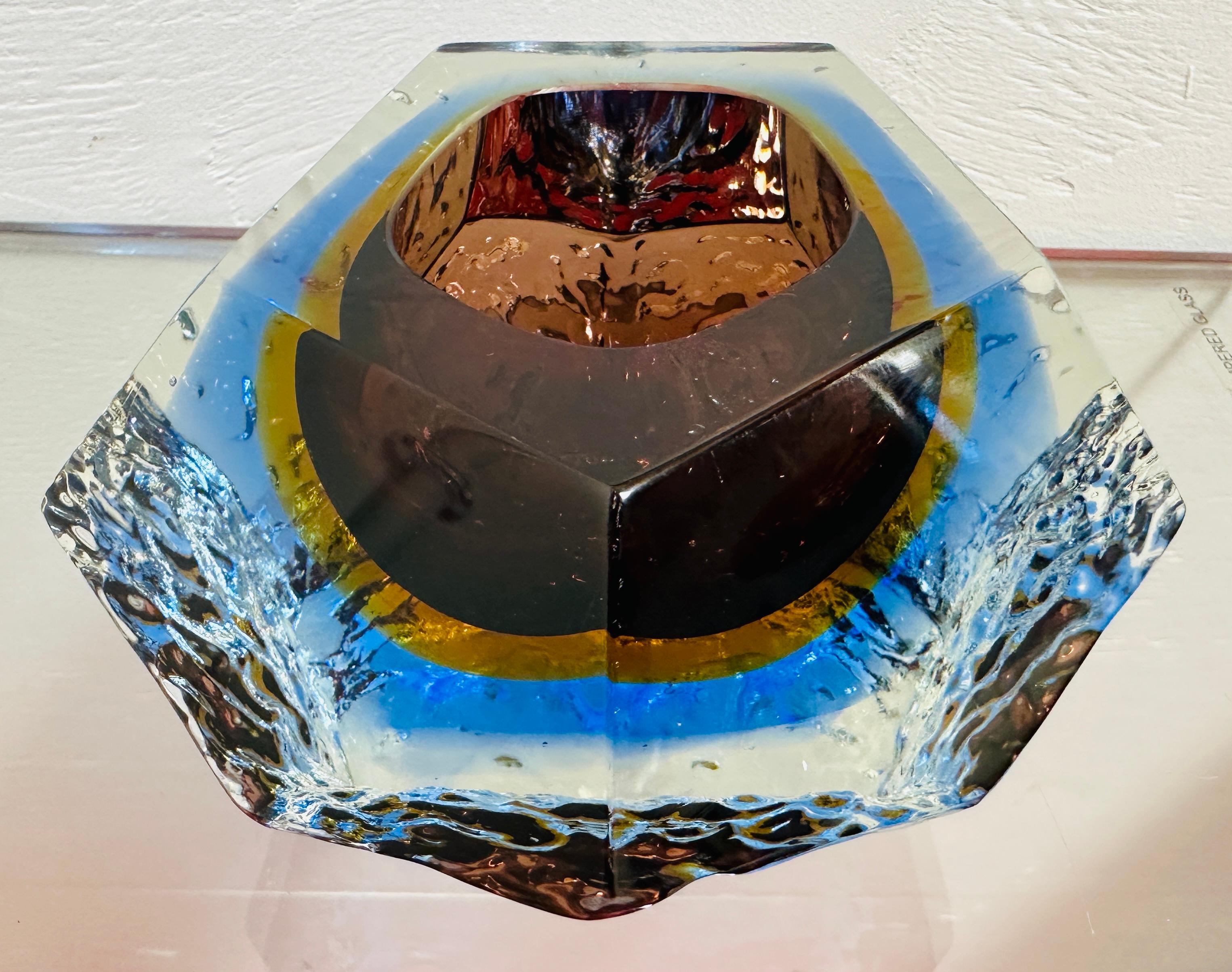1960s Italian Mandruzzato Sommerso Murano Brown Blue Clear Textured Glass Bowl 2