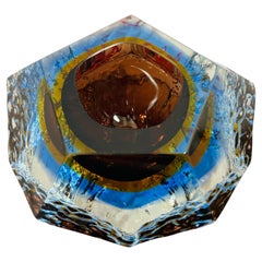1960s Italian Mandruzzato Sommerso Murano Brown Blue Clear Textured Glass Bowl