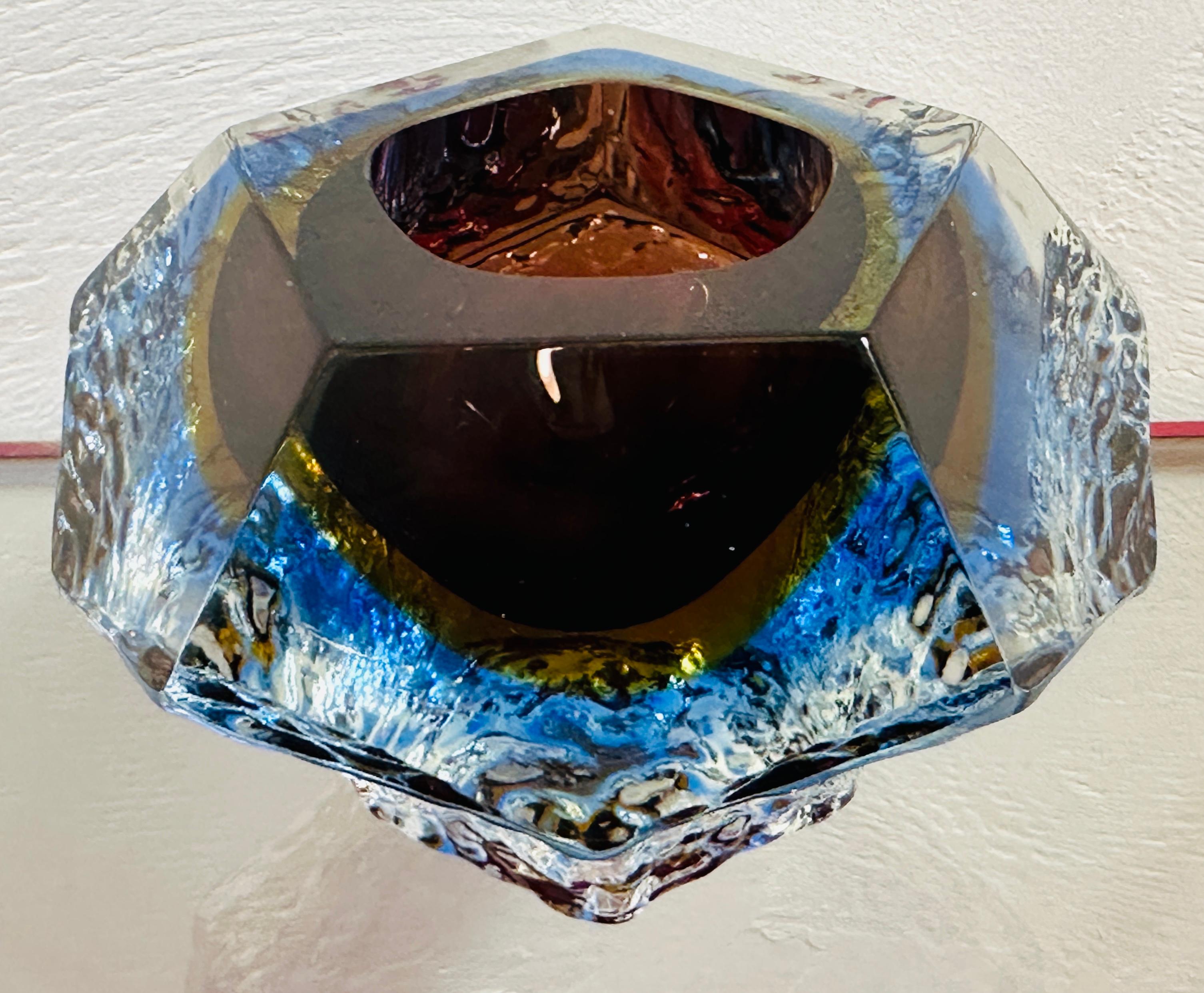 1960s Italian Mandruzzato Sommerso Murano Brown Blue Clear Textured Glass Bowl 3