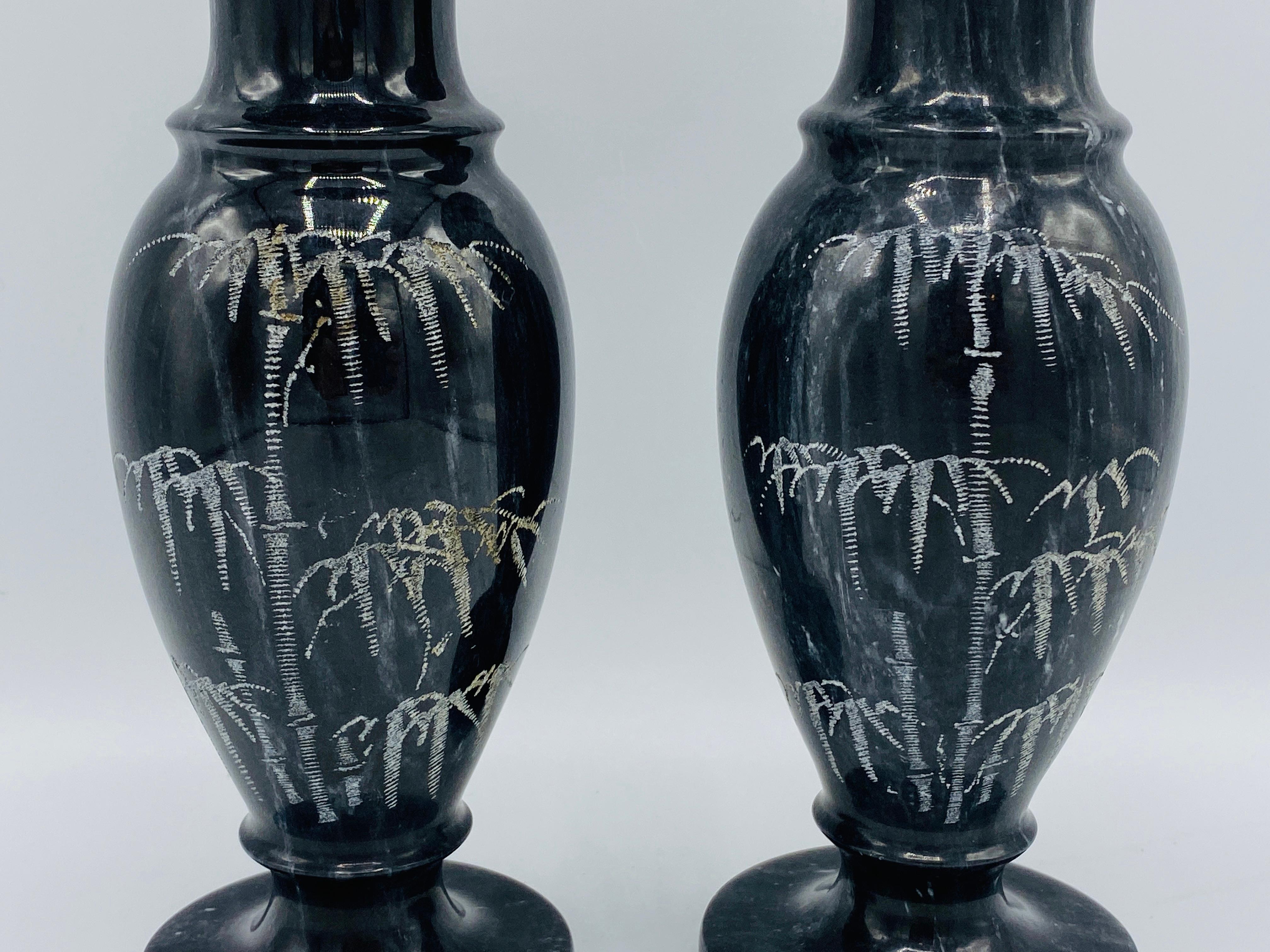 Modern 1960s Italian Marble Vases with Etched Bamboo Motif, Pair For Sale