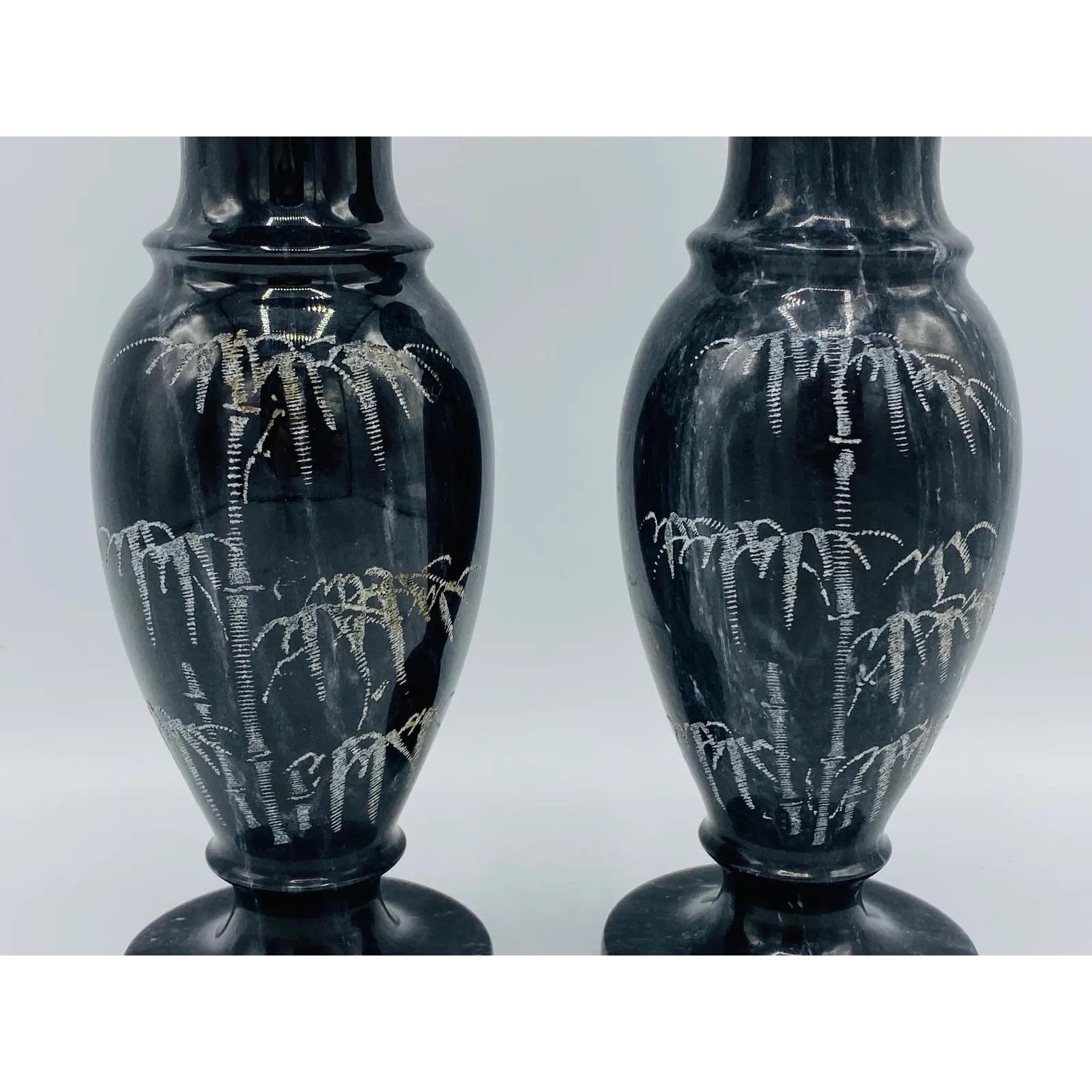 Chinoiserie 1960s Italian Marble Vases With Etched Bamboo Motif, Pair For Sale