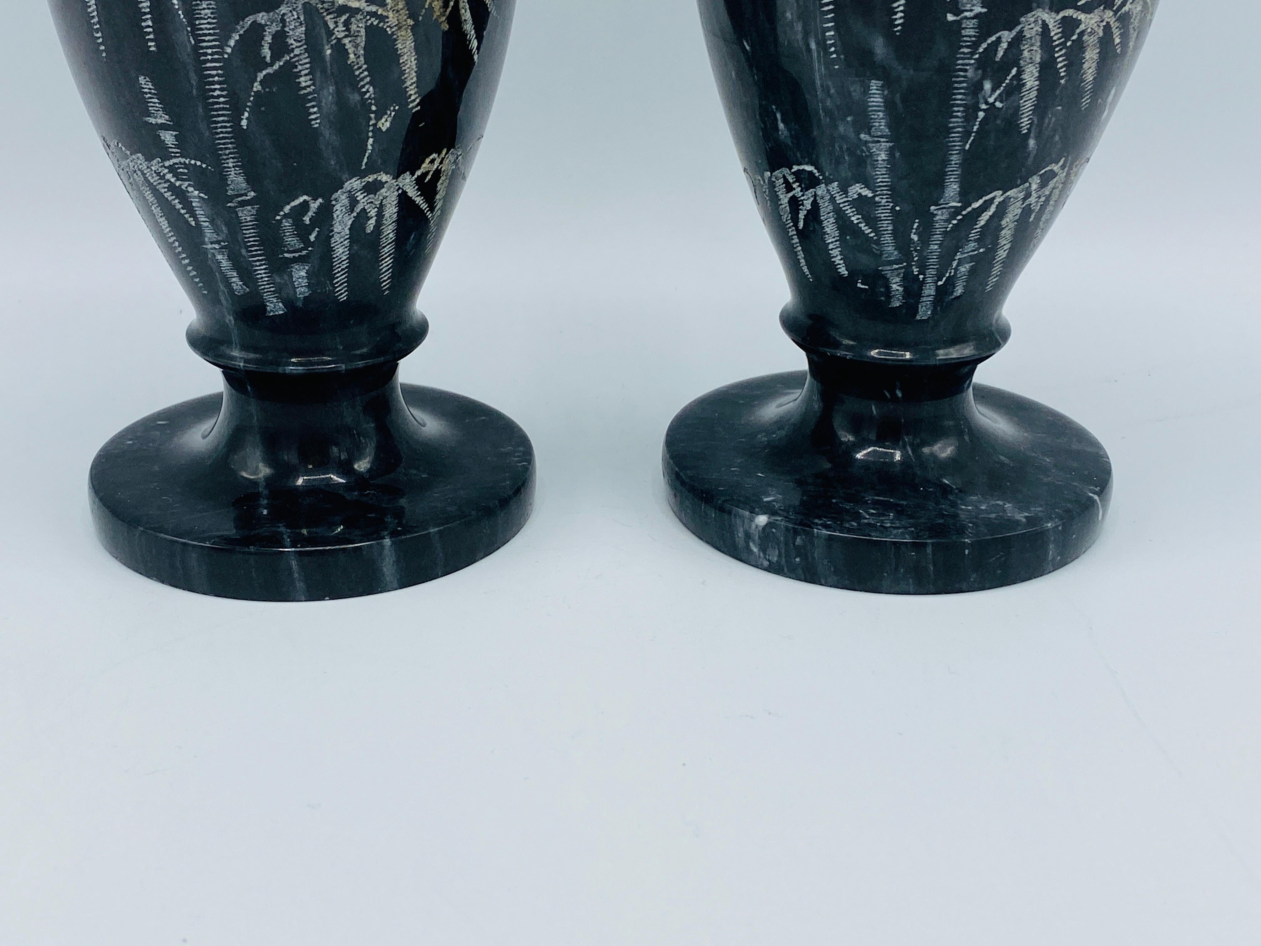 Hand-Crafted 1960s Italian Marble Vases with Etched Bamboo Motif, Pair For Sale
