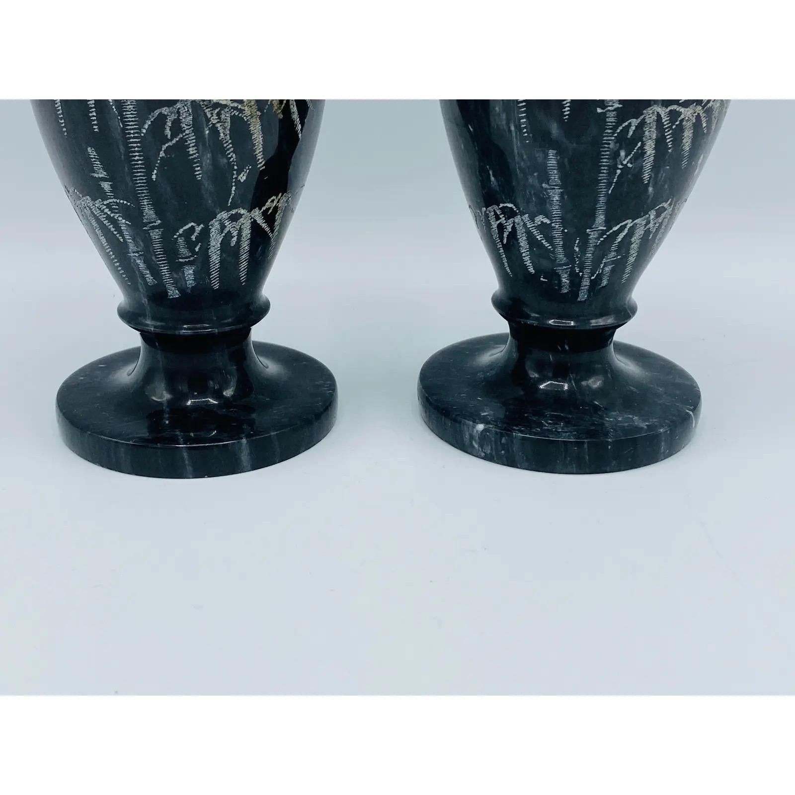 Hand-Carved 1960s Italian Marble Vases With Etched Bamboo Motif, Pair For Sale