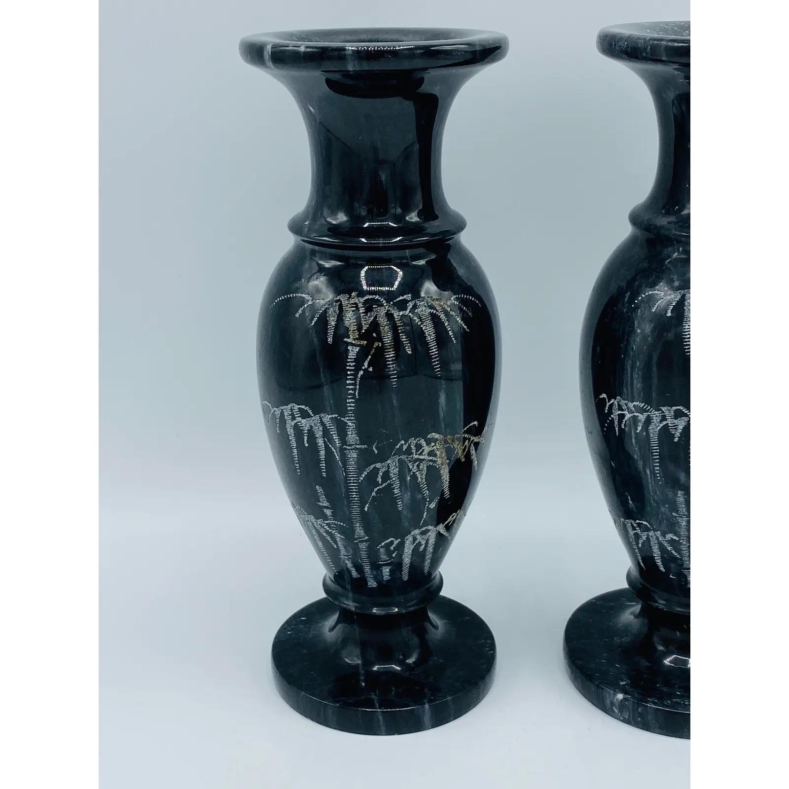 1960s Italian Marble Vases With Etched Bamboo Motif, Pair In Good Condition For Sale In Richmond, VA
