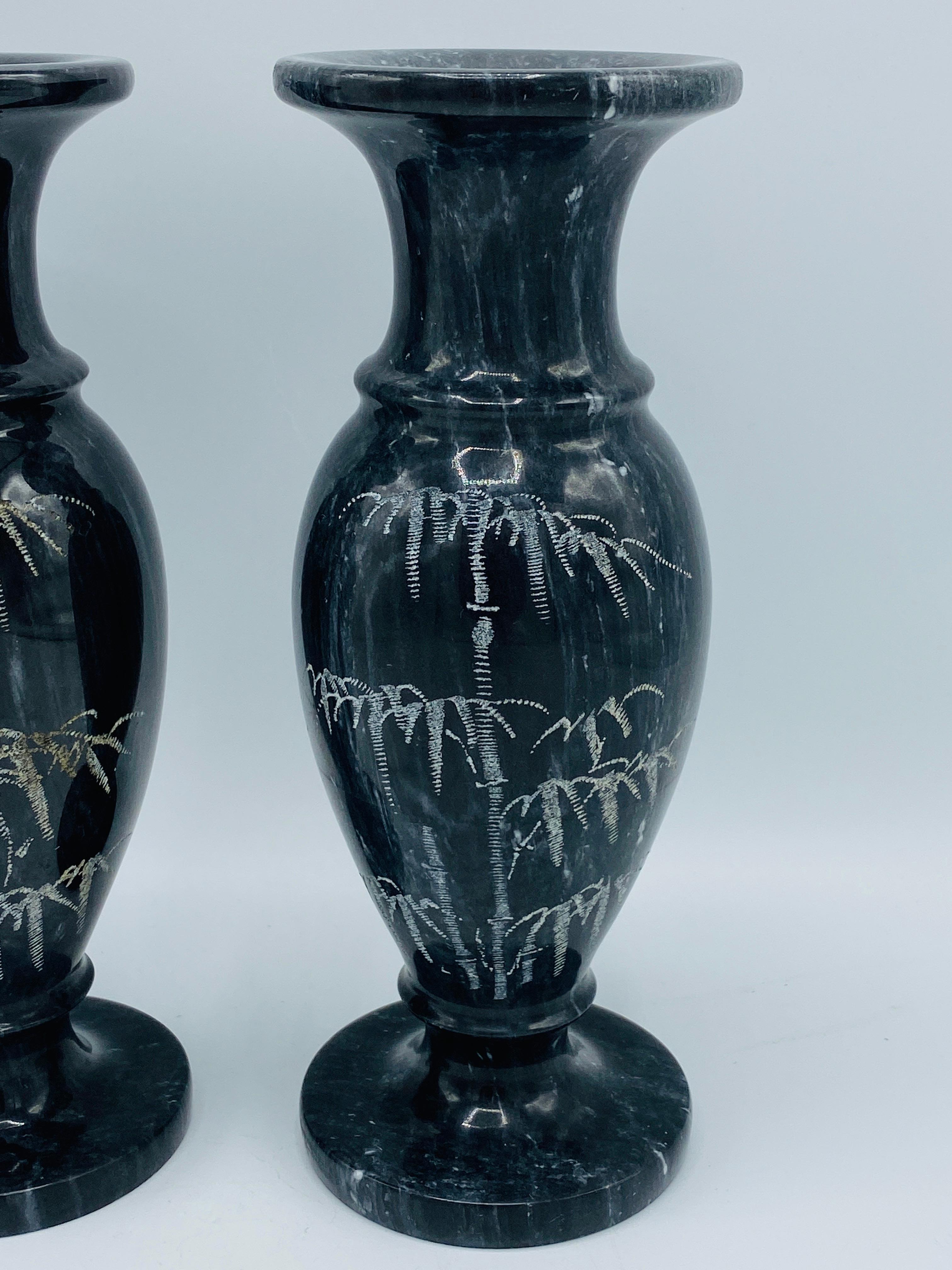 20th Century 1960s Italian Marble Vases with Etched Bamboo Motif, Pair For Sale