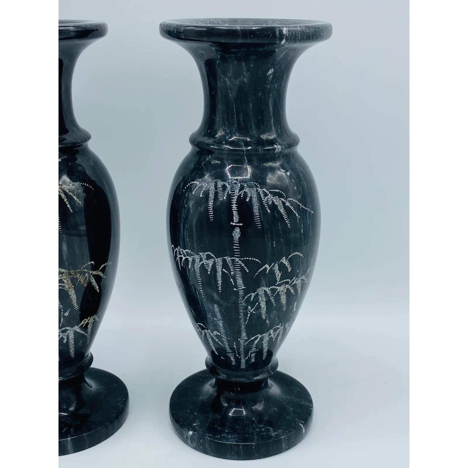 20th Century 1960s Italian Marble Vases With Etched Bamboo Motif, Pair For Sale