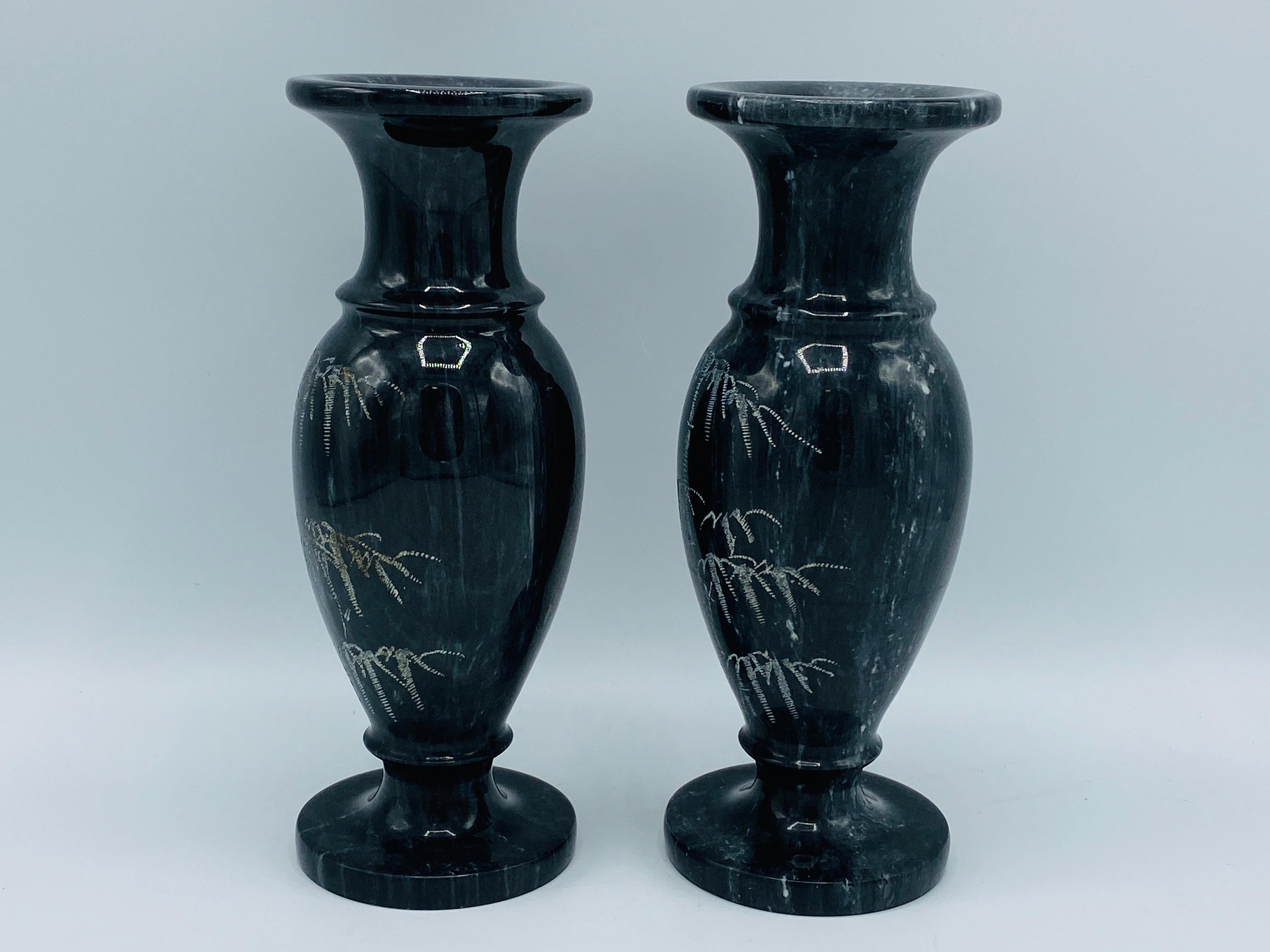 1960s Italian Marble Vases with Etched Bamboo Motif, Pair For Sale 1