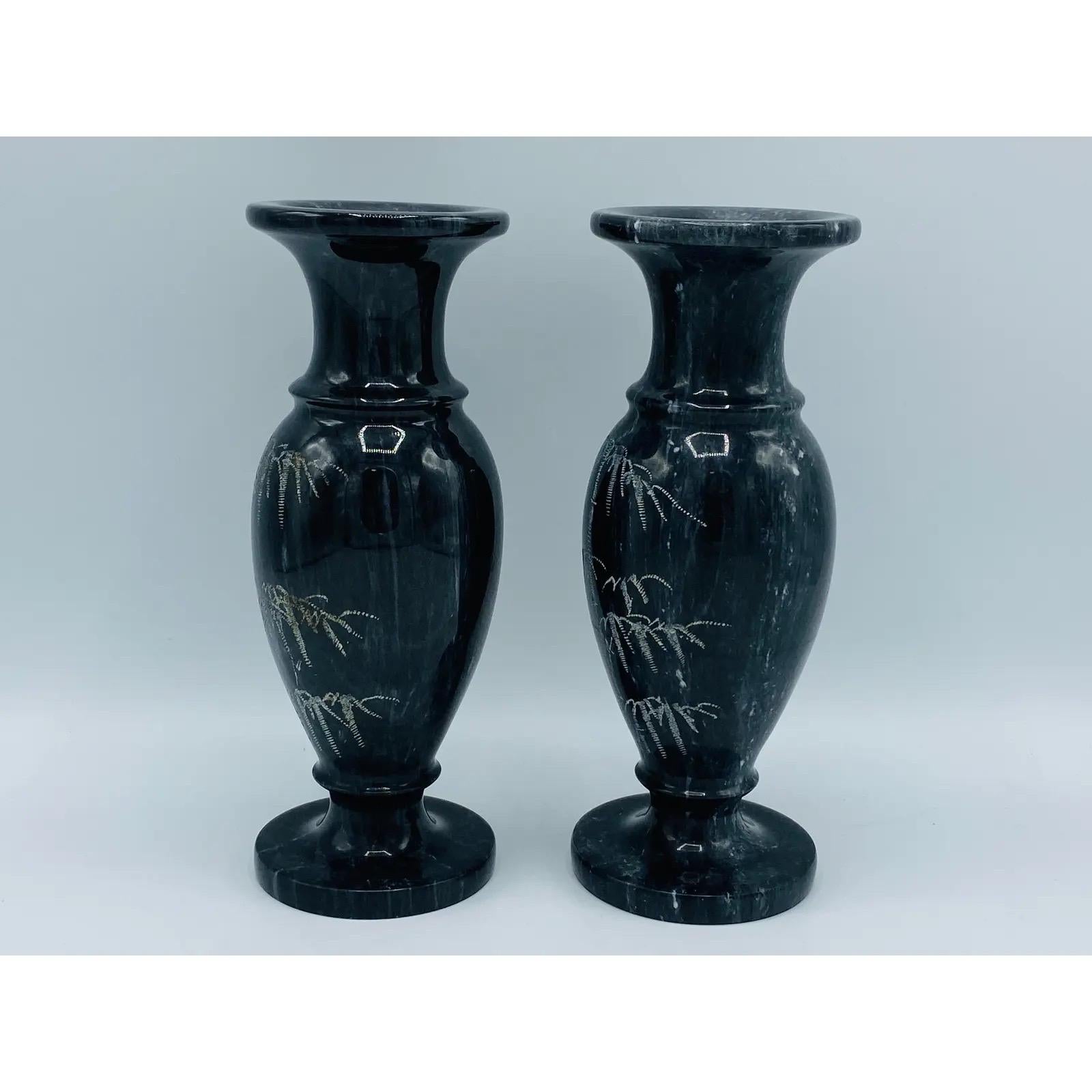 1960s Italian Marble Vases With Etched Bamboo Motif, Pair For Sale 1