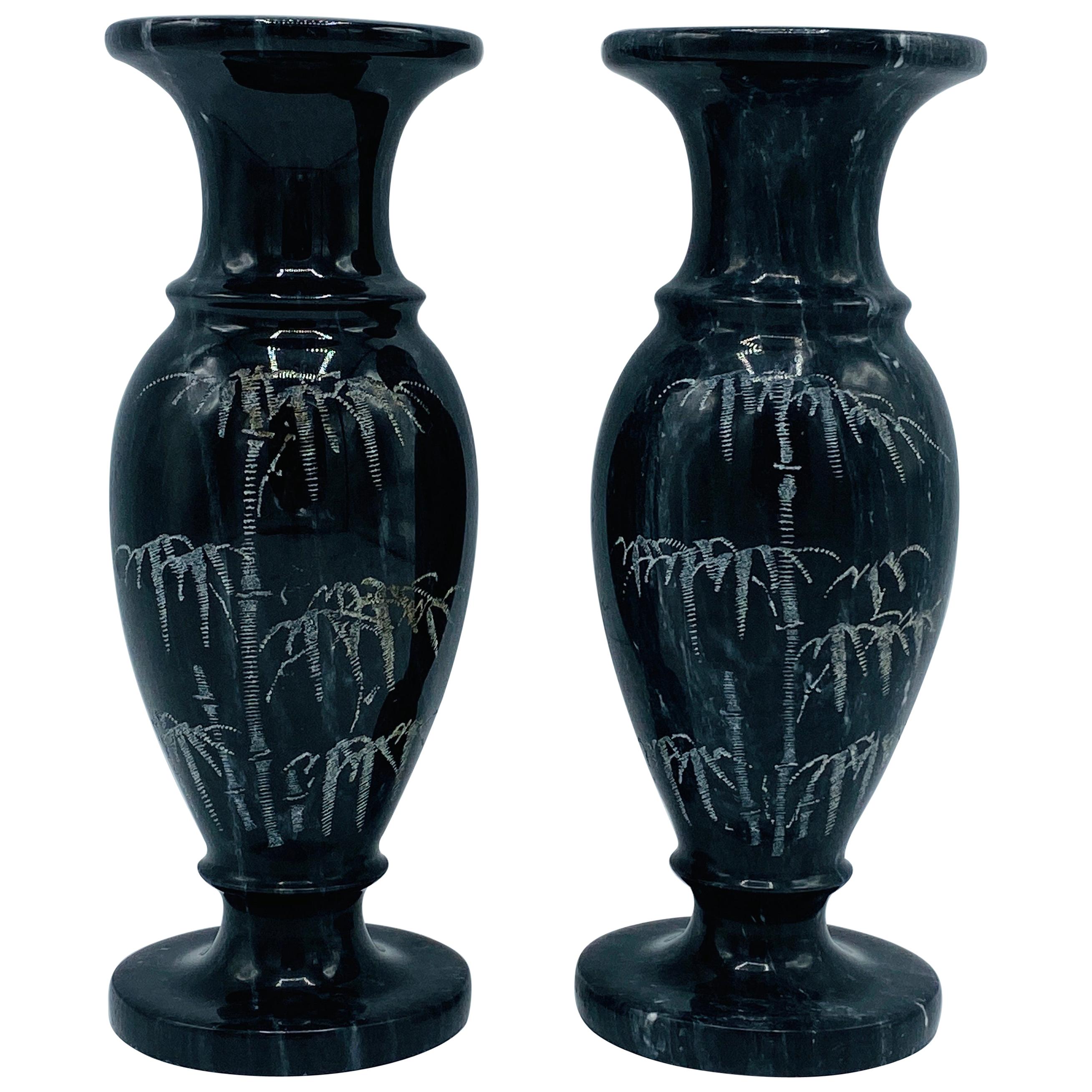 1960s Italian Marble Vases with Etched Bamboo Motif, Pair For Sale