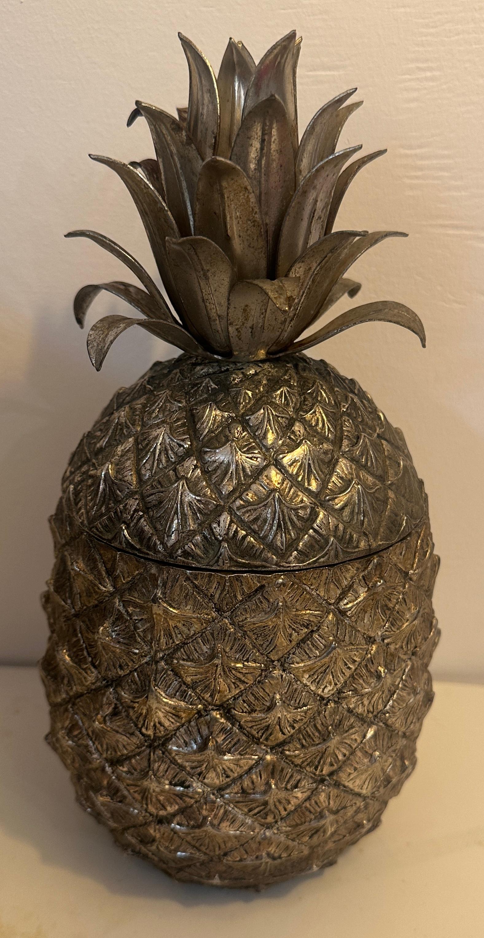 Hollywood Regency 1960s Italian Mauro Manetti Pineapple Gold Stinted Silver Plate Ice Bucket