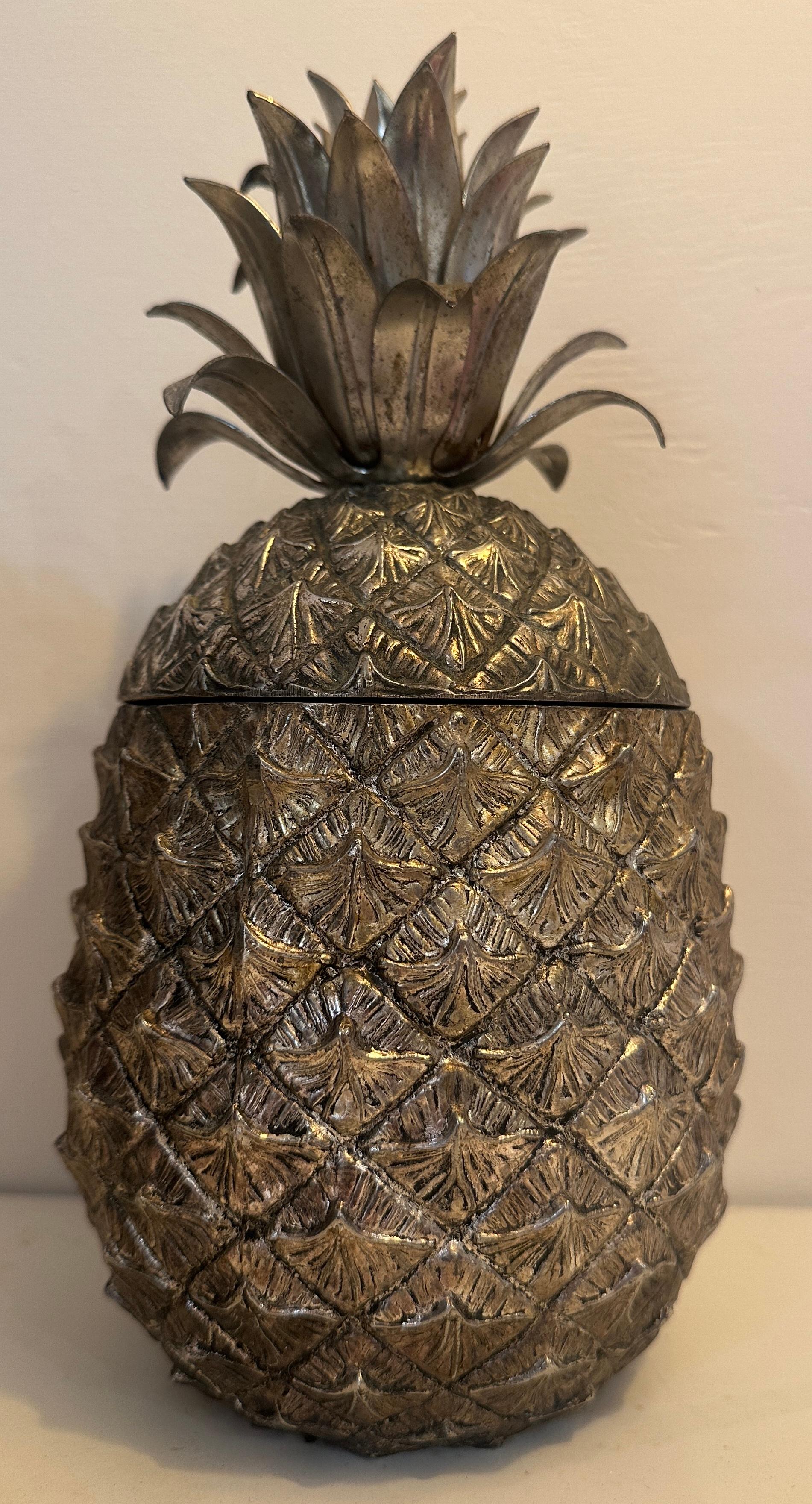 Plated 1960s Italian Mauro Manetti Pineapple Gold Stinted Silver Plate Ice Bucket
