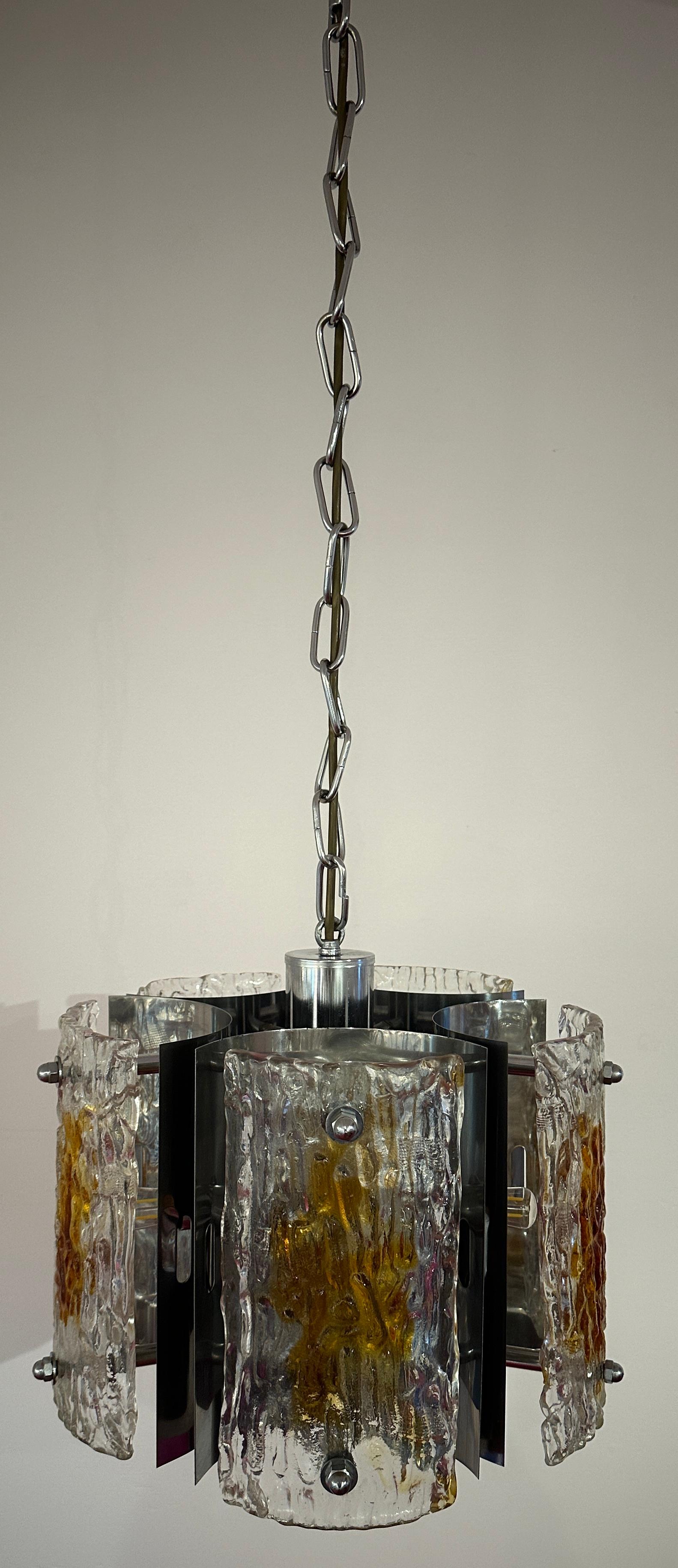1960s Italian Mazzega Polished Chrome & Murano Textured Glass Pendant Light For Sale 6