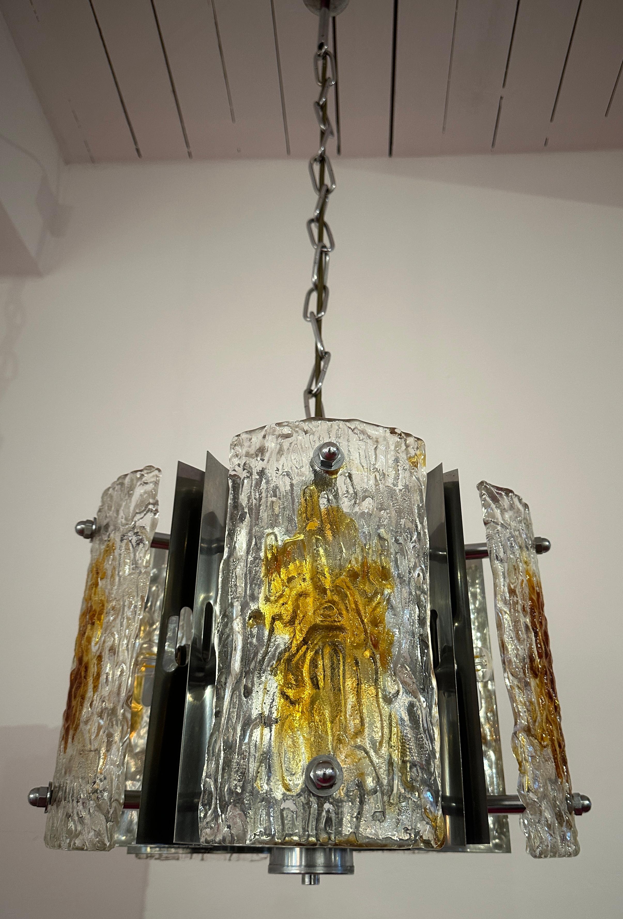 1960s Italian Mazzega Polished Chrome & Murano Textured Glass Pendant Light For Sale 7