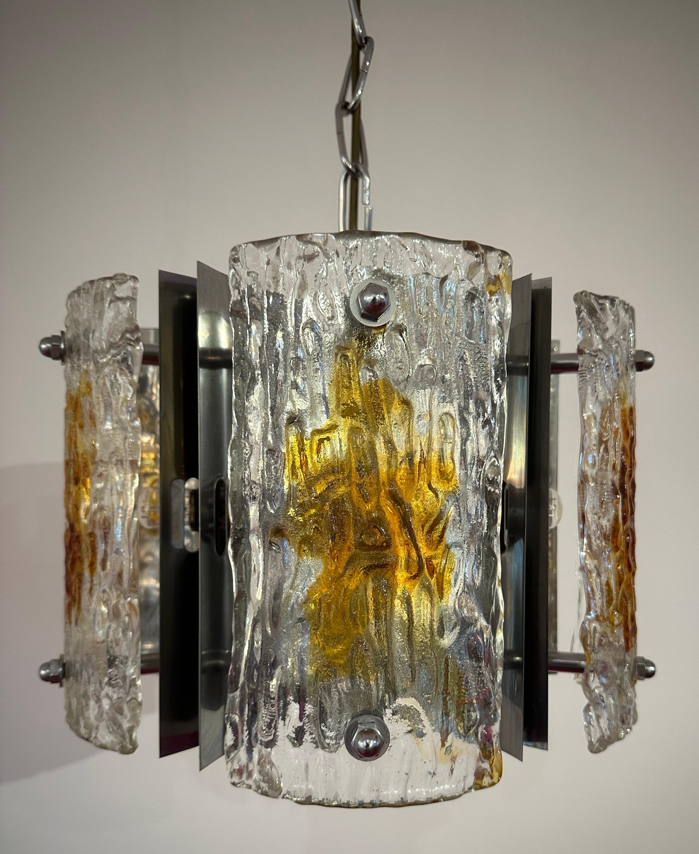 1960s Italian Mazzega Polished Chrome & Murano Textured Glass Pendant Light For Sale 9