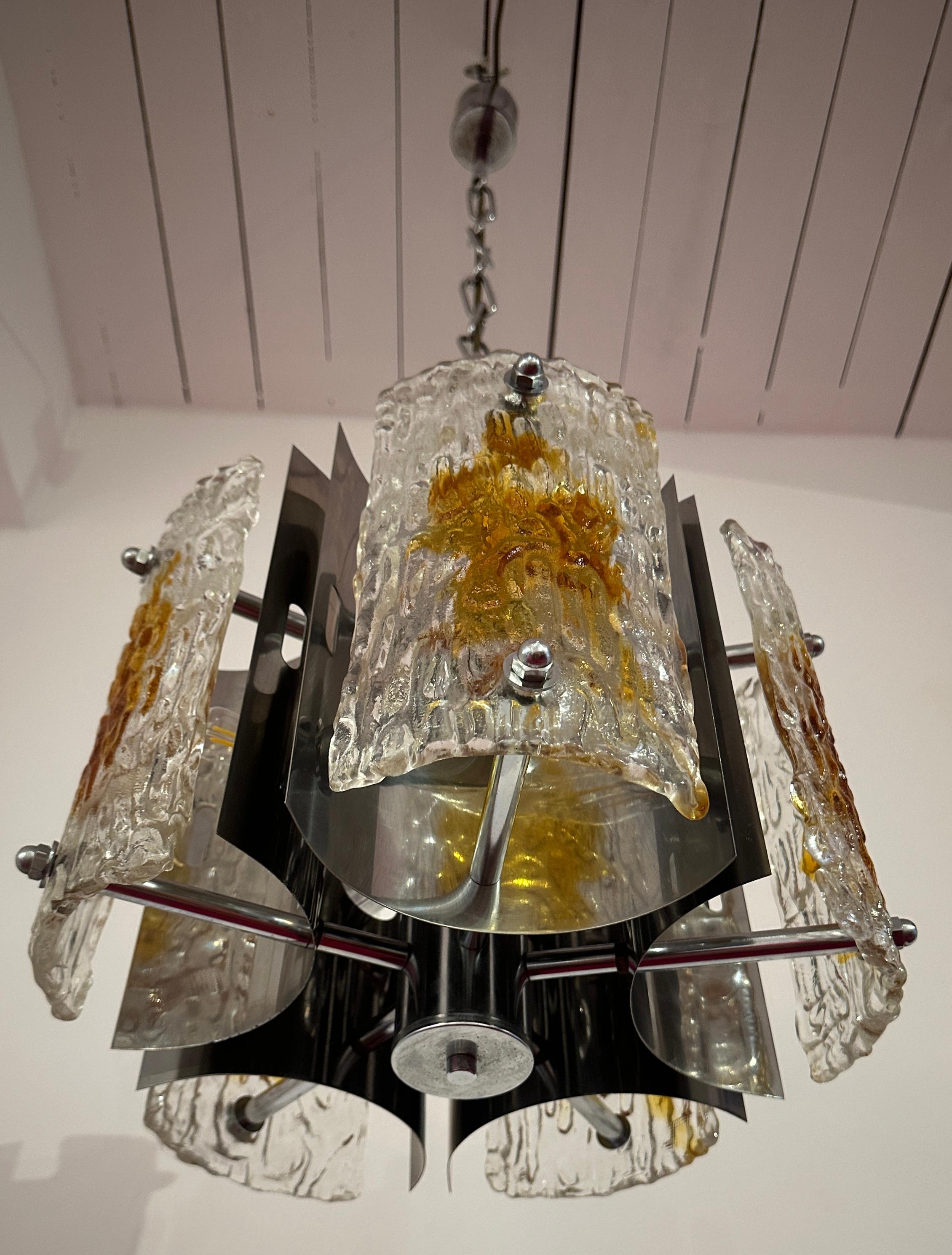 1960s Italian Mazzega Polished Chrome & Murano Textured Glass Pendant Light For Sale 10