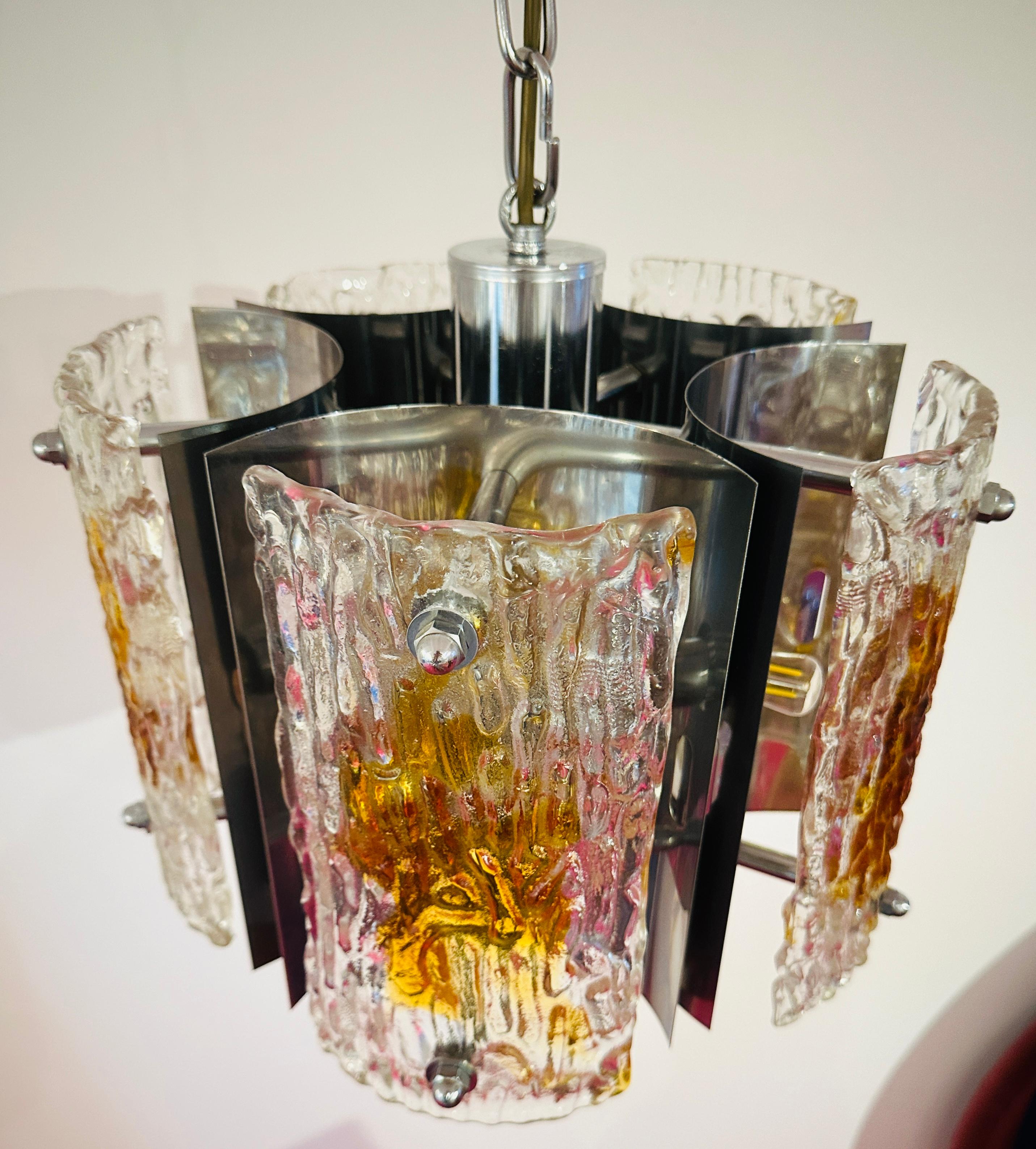 1960s Italian Mazzega Polished Chrome & Murano Textured Glass Pendant Light For Sale 12