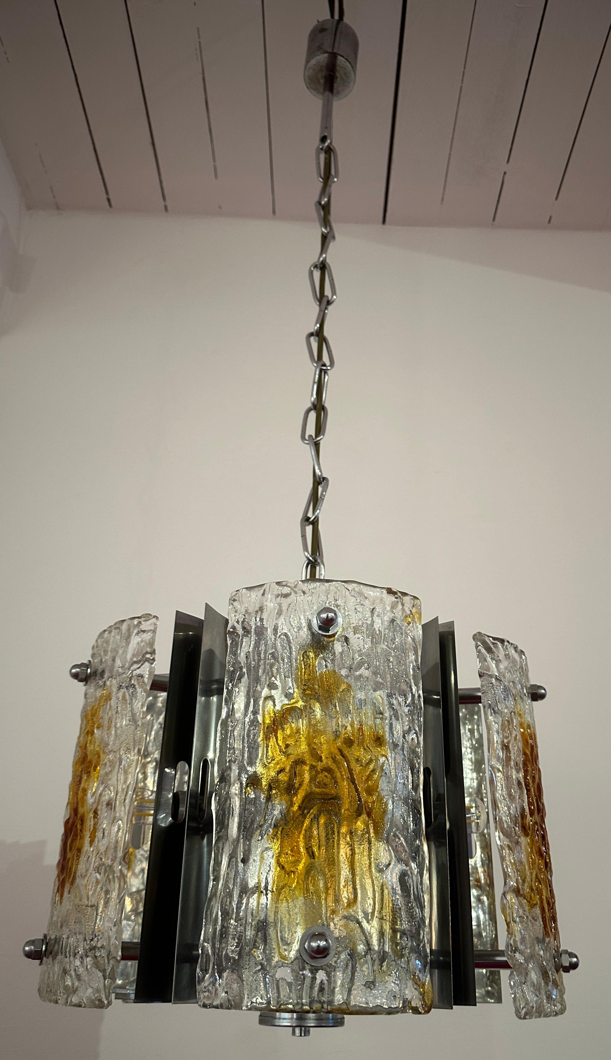 1960s Italian Mazzega Polished Chrome & Murano Textured Glass Pendant Light For Sale 13