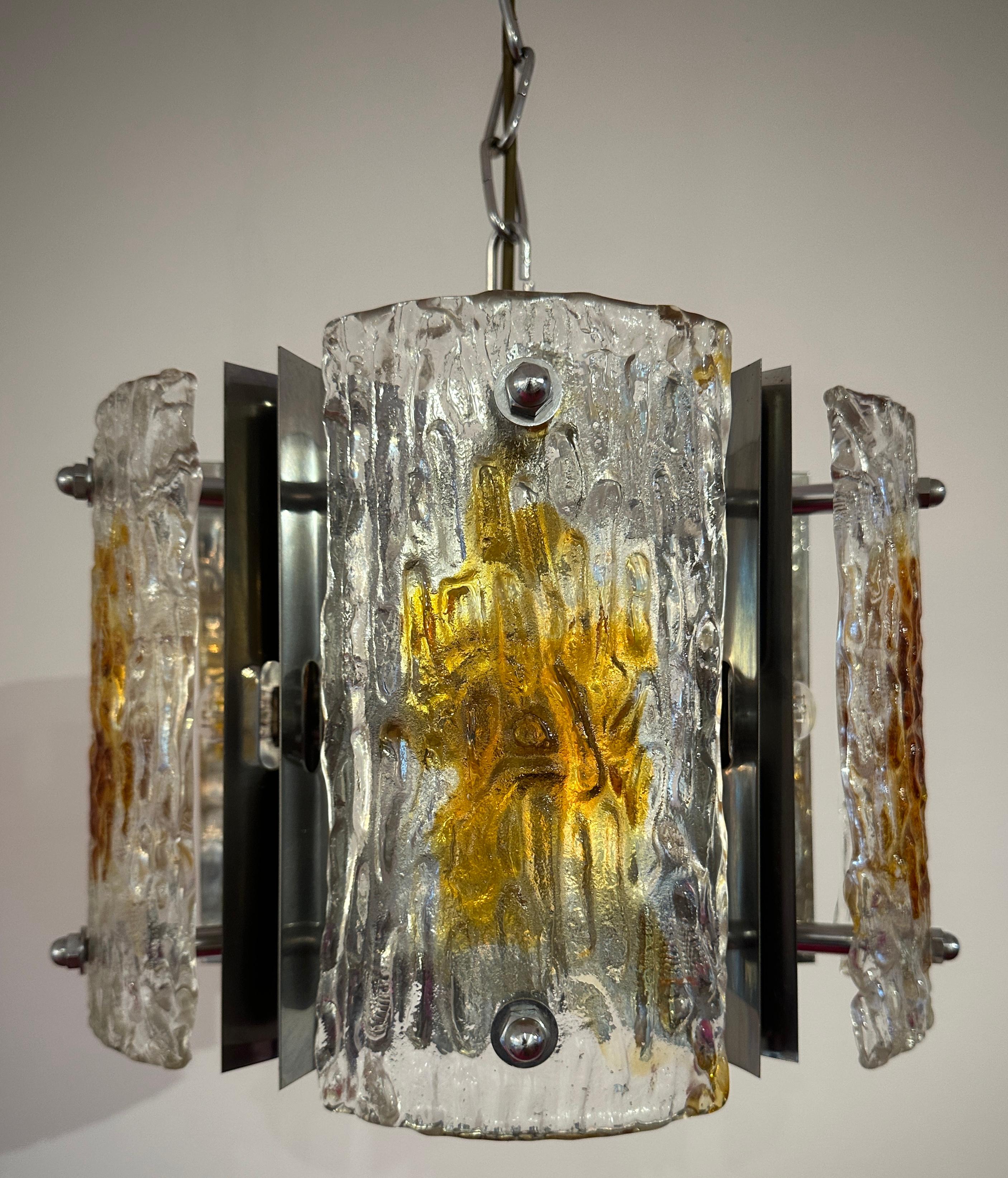 1960s Italian Mazzega Polished Chrome & Murano Textured Glass Pendant Light For Sale 14
