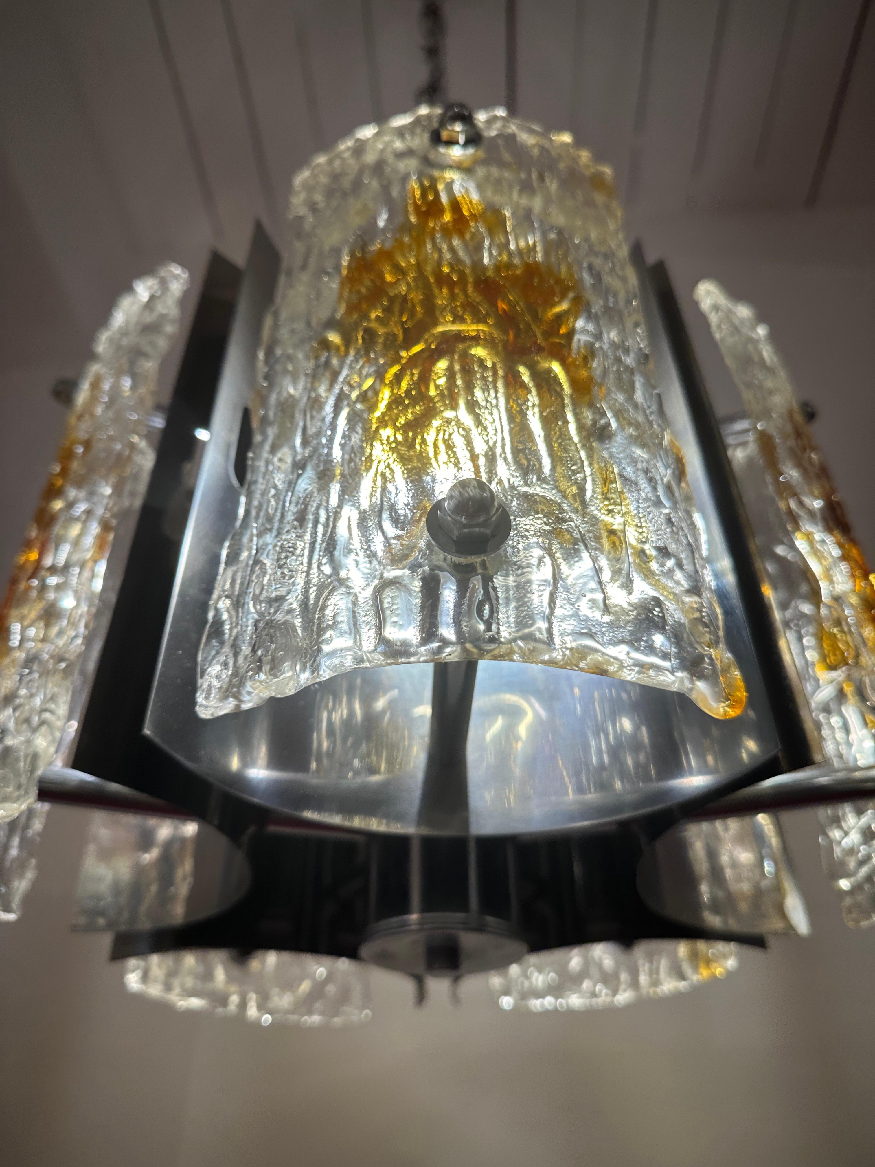 1960s Italian Mazzega Polished Chrome & Murano Textured Glass Pendant Light For Sale 4