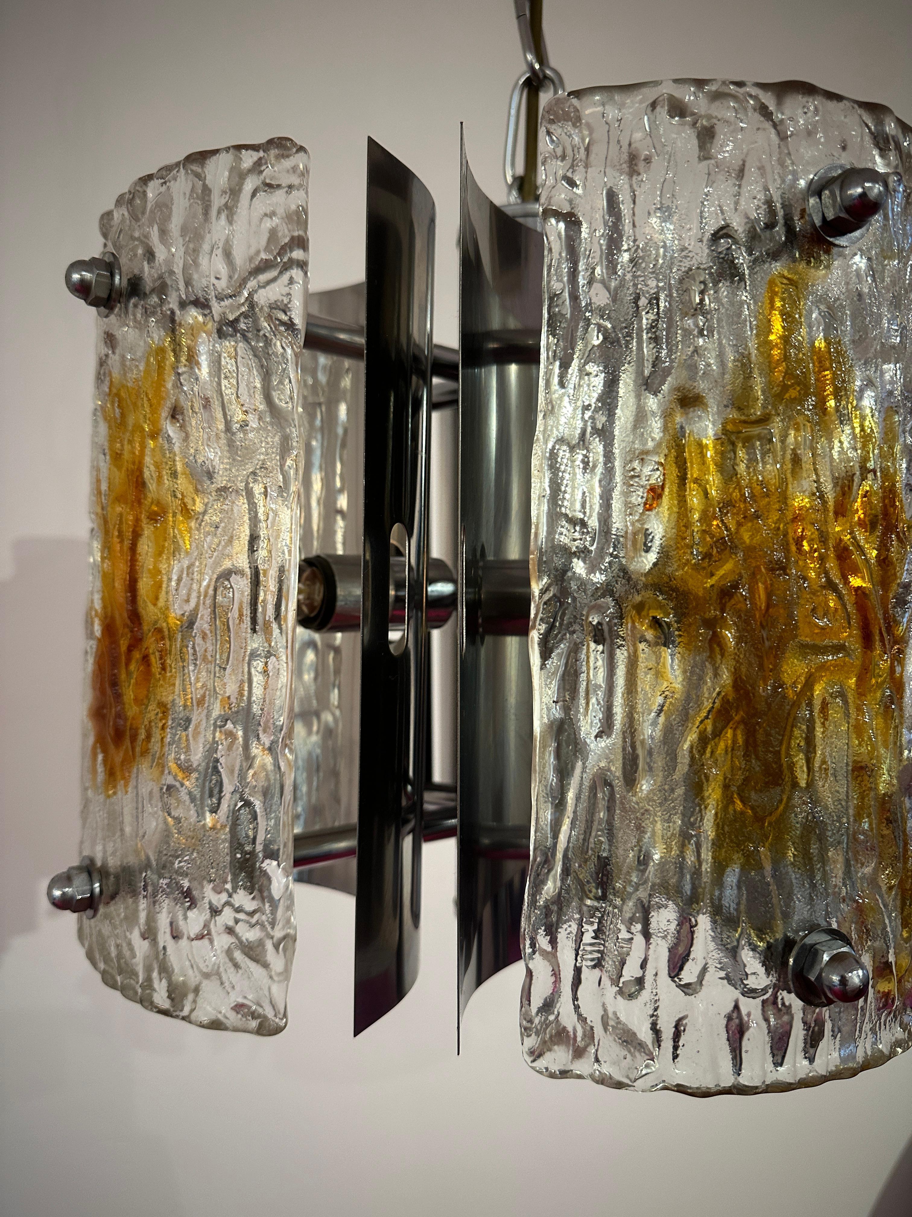 1960s Italian Mazzega Polished Chrome & Murano Textured Glass Pendant Light For Sale 8