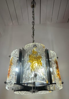 1960s Italian Mazzega Polished Chrome & Murano Textured Glass Pendant Light