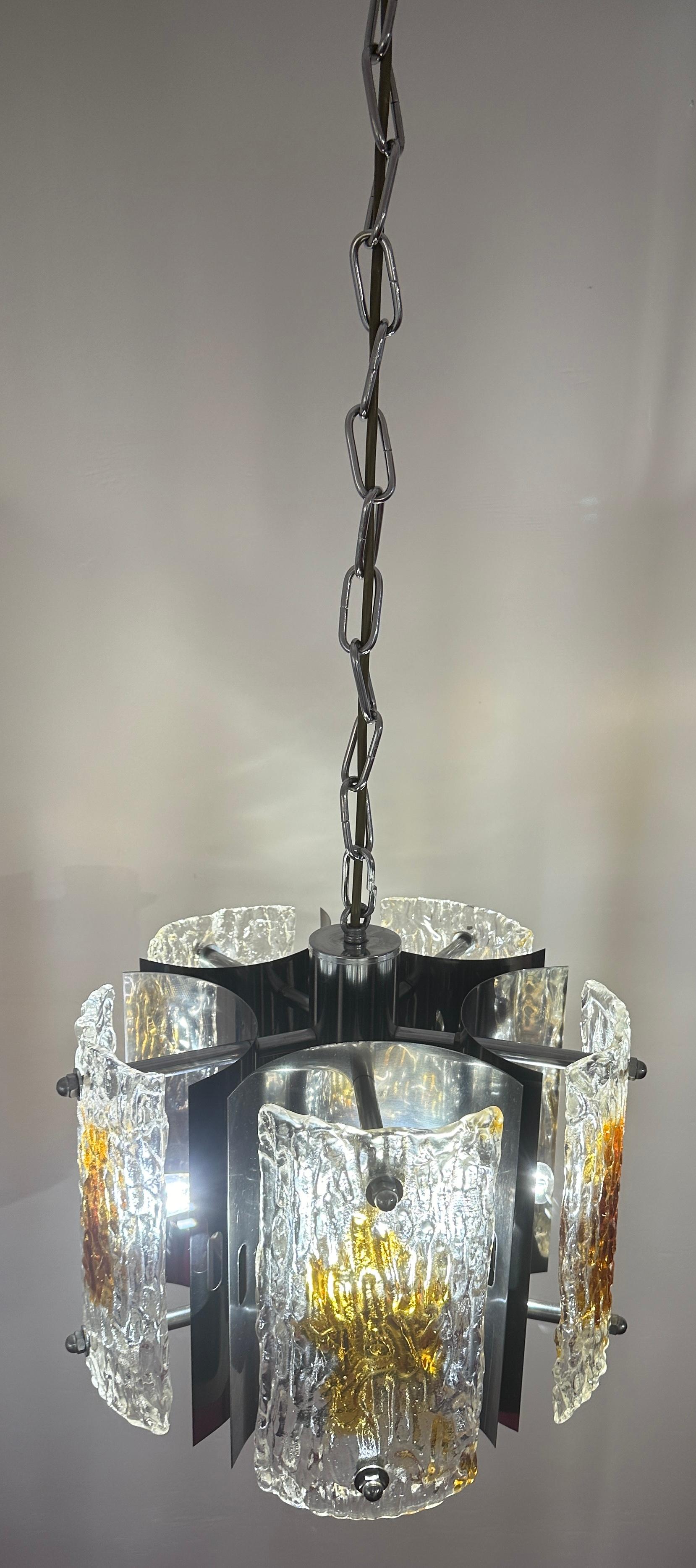Mid-Century Modern 1960s Italian Mazzega Polished Chrome & Murano Textured Glass Pendant Light For Sale
