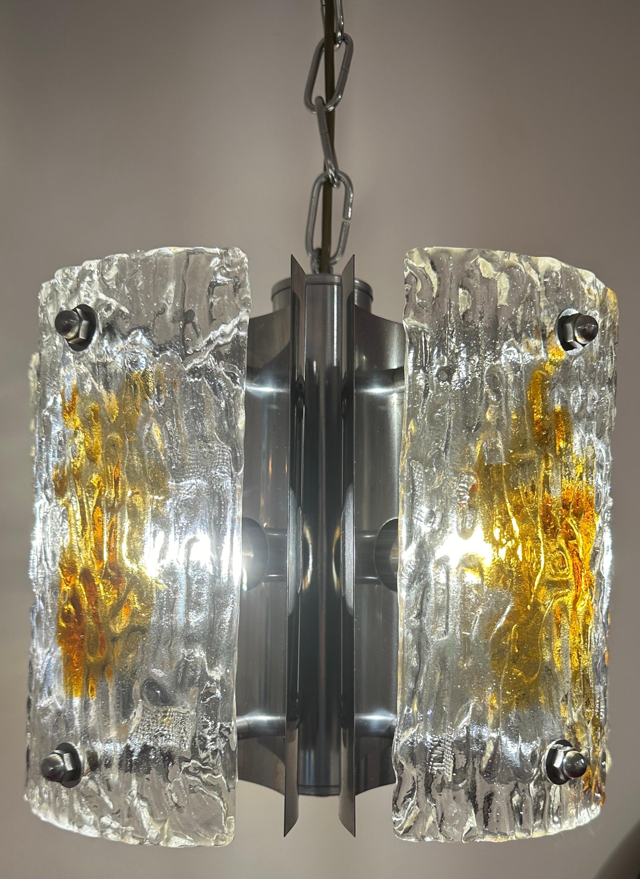 20th Century 1960s Italian Mazzega Polished Chrome & Murano Textured Glass Pendant Light For Sale