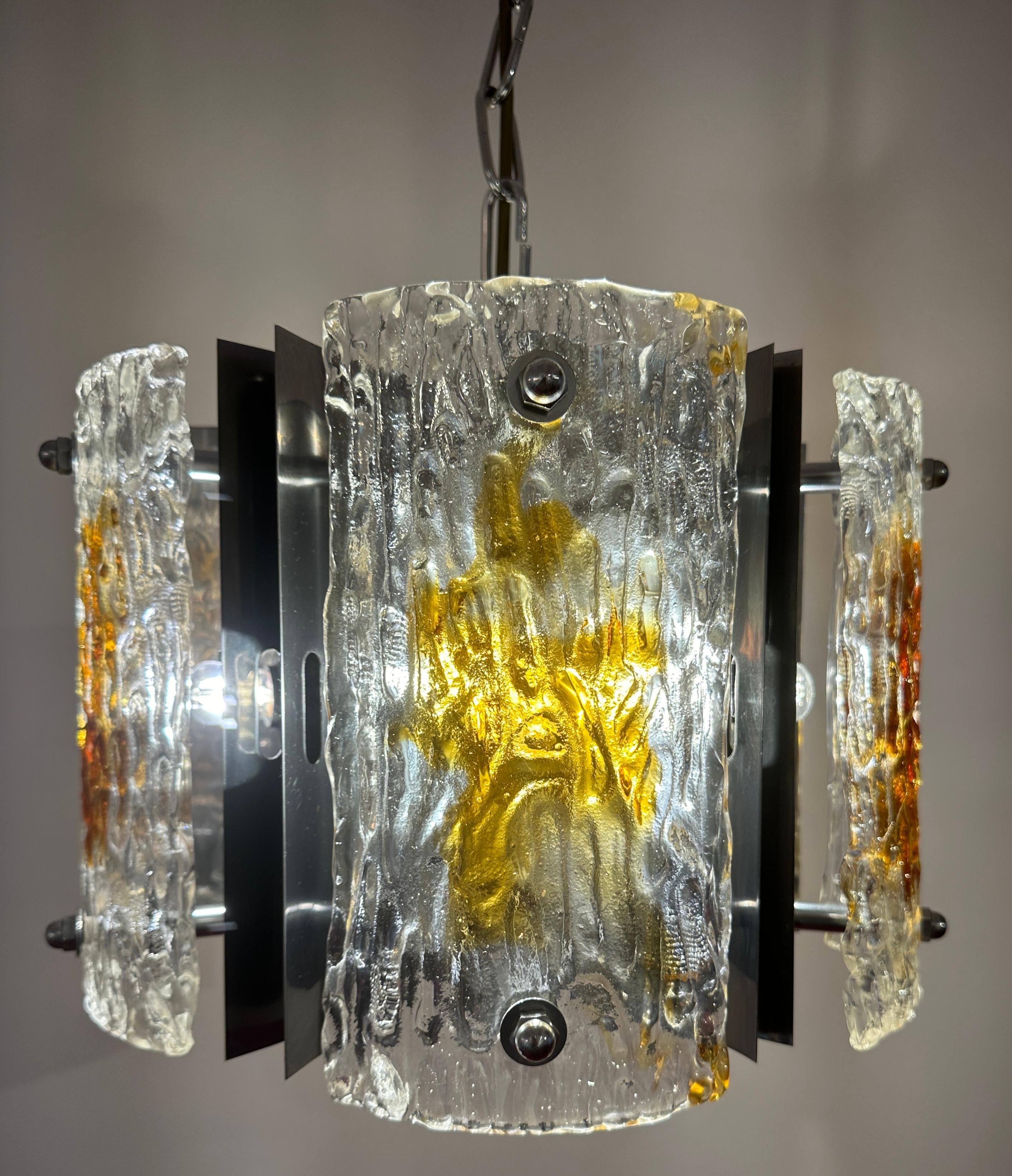 Metal 1960s Italian Mazzega Polished Chrome & Murano Textured Glass Pendant Light For Sale