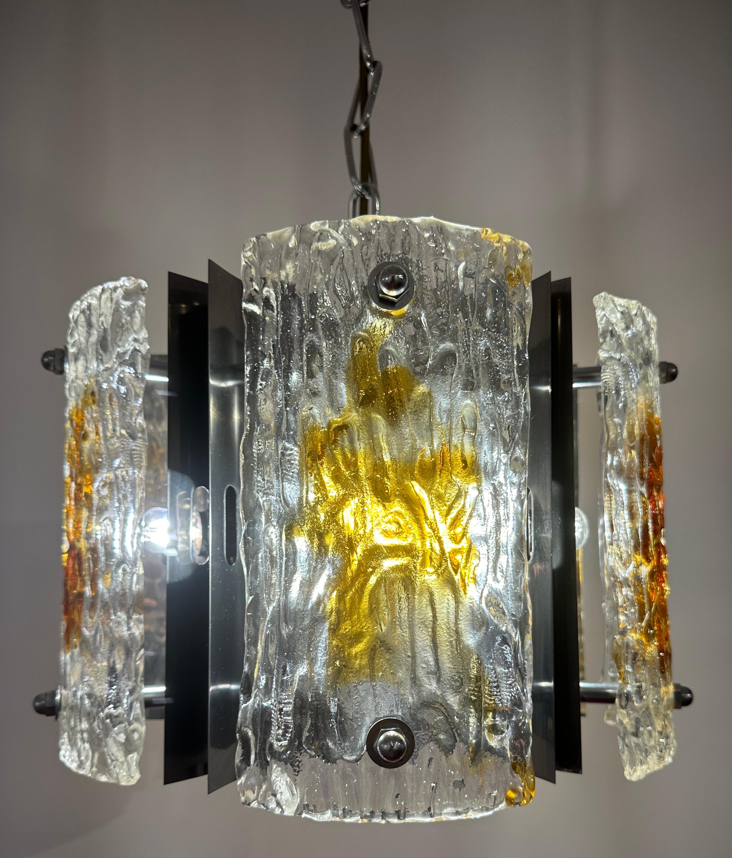1960s Italian Mazzega Polished Chrome & Murano Textured Glass Pendant Light For Sale 1