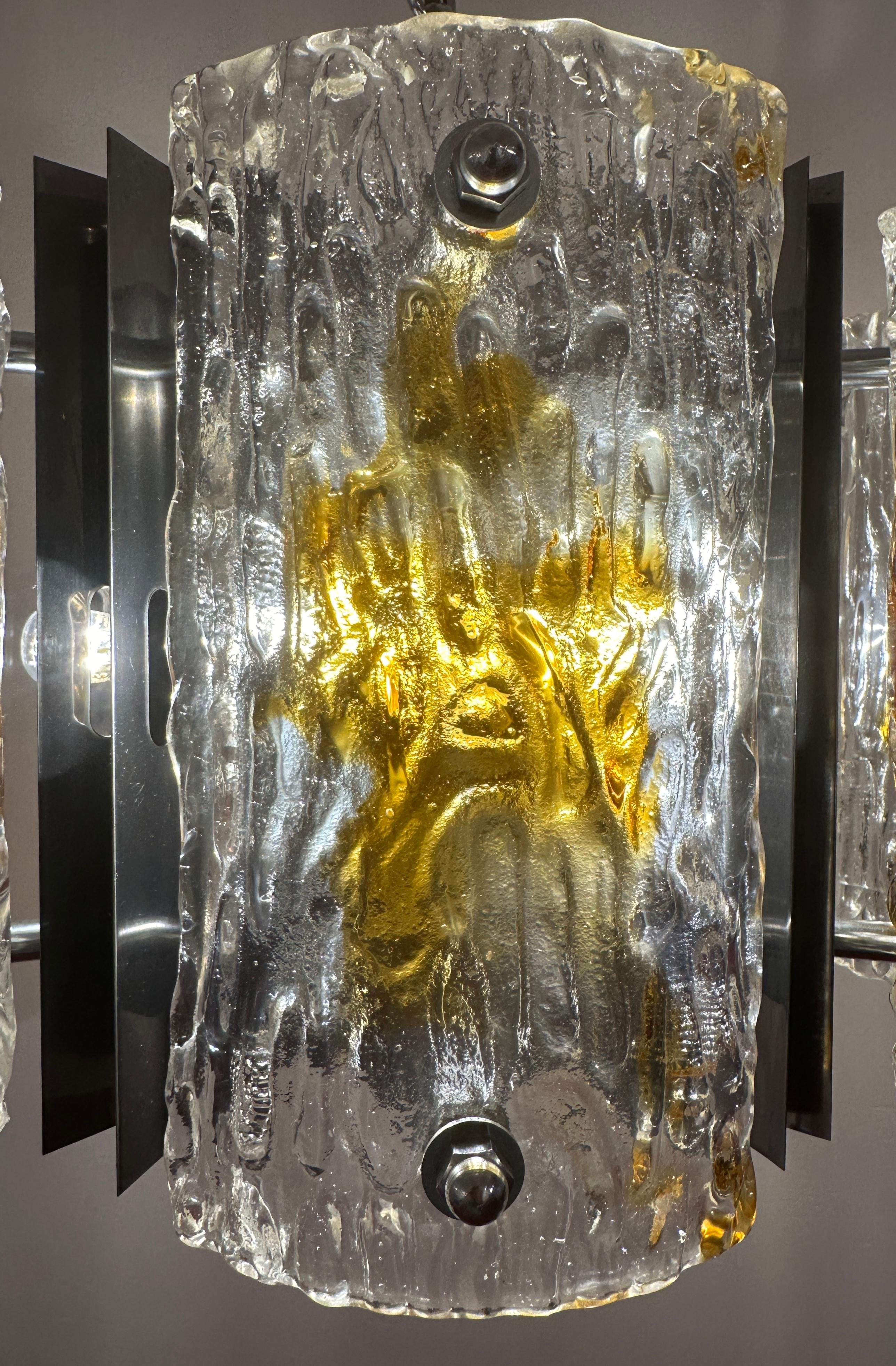 1960s Italian Mazzega Polished Chrome & Murano Textured Glass Pendant Light For Sale 2