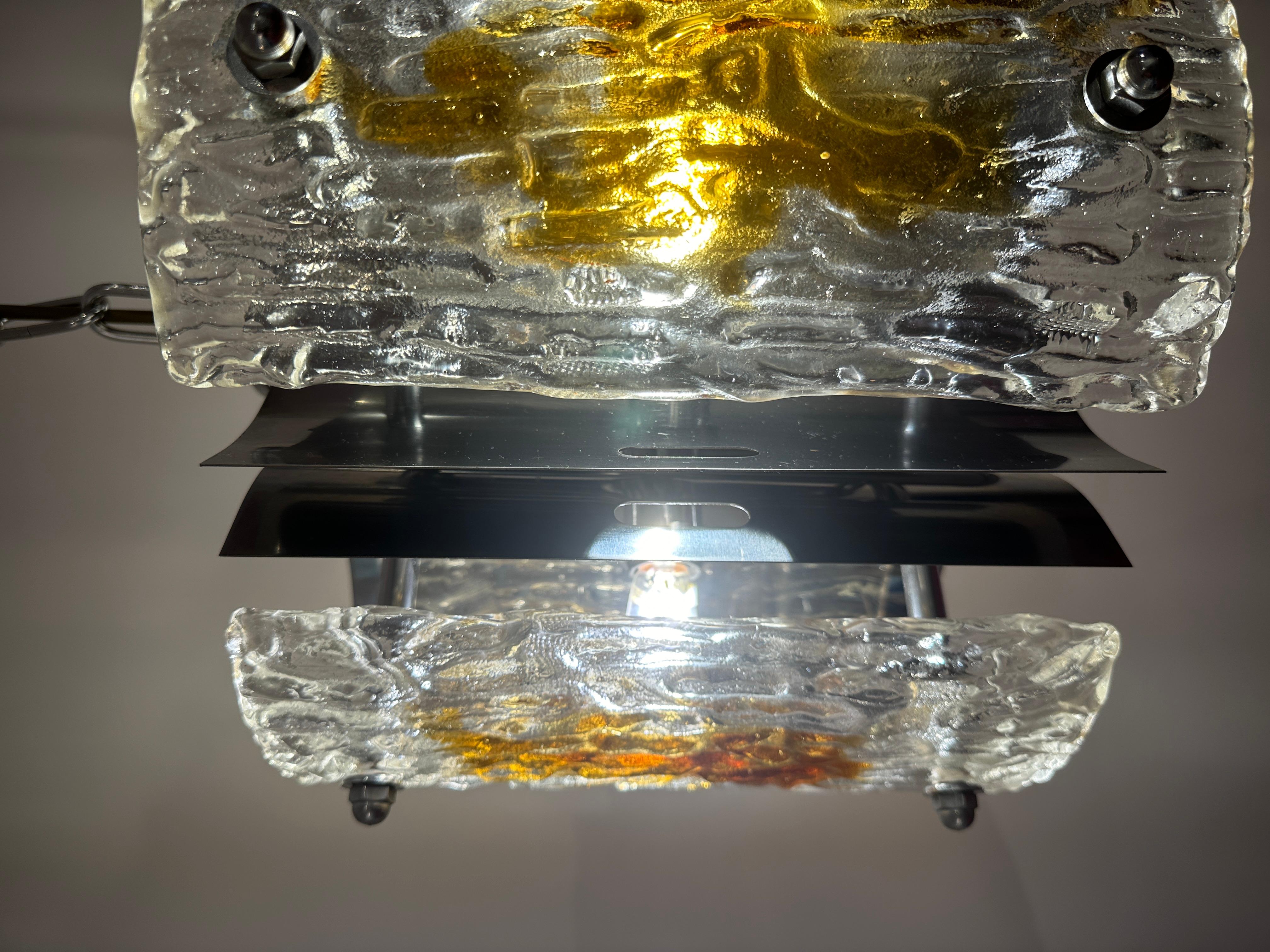 1960s Italian Mazzega Polished Chrome & Murano Textured Glass Pendant Light For Sale 3
