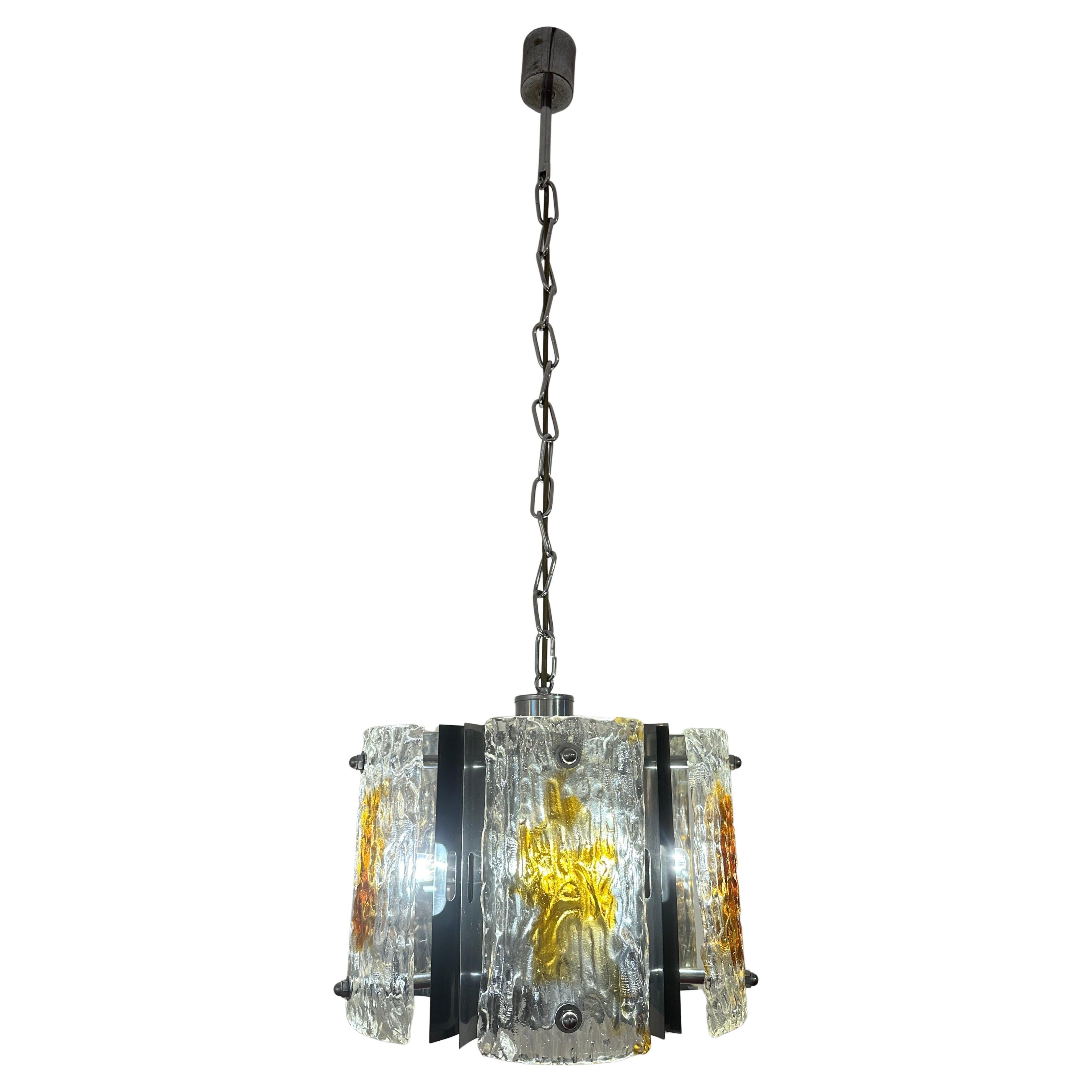 1960s Italian Mazzega Polished Chrome & Murano Textured Glass Pendant Light