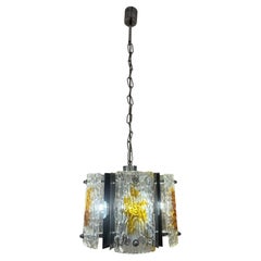 1960s Italian Mazzega Polished Chrome & Murano Textured Glass Pendant Light