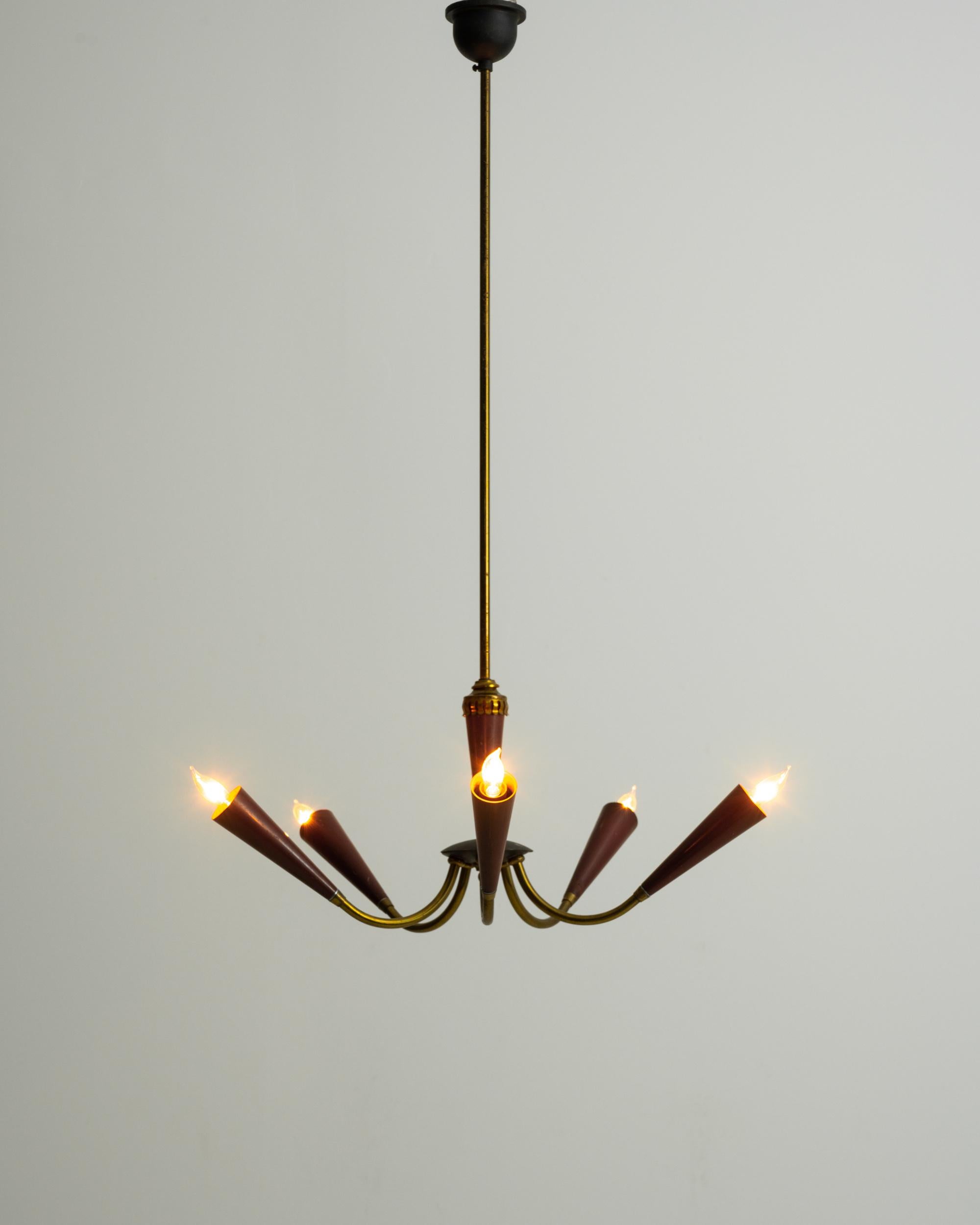A metal chandelier created in Italy in the 1960s. Five, bulb-tipped arms bloom like brassy tulips from this unique chandelier’s central socket. Emitting a warm glow and a classically stylish charm, this fixture brings a charismatic life to the room.