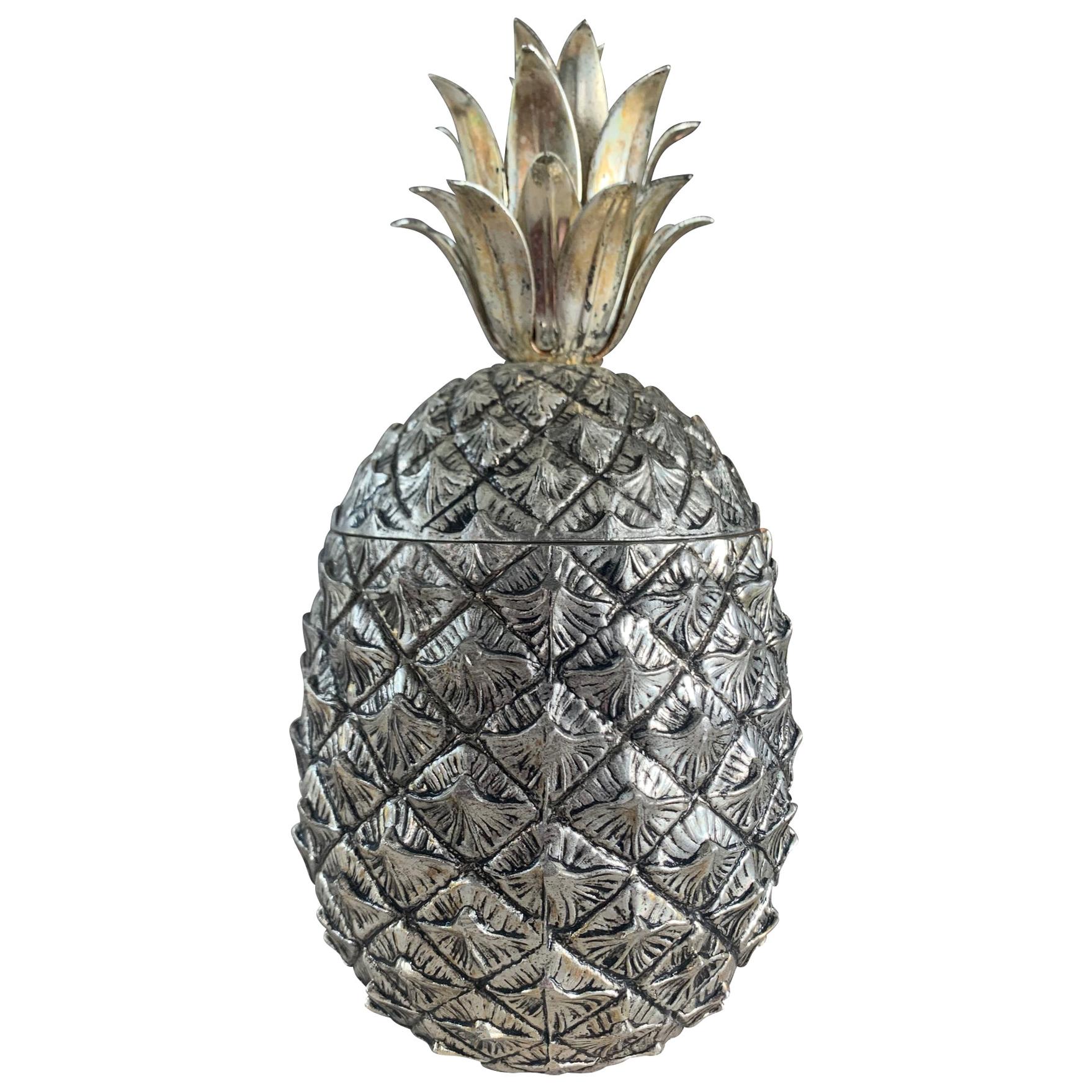 1960s Italian Metal Pineapple Ice Bucket by Mauro Manetti with Gilt Leaves