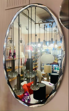1960s Italian Metalvetro Galvorame Oval Wall Mirror with Black Scalloped Detail
