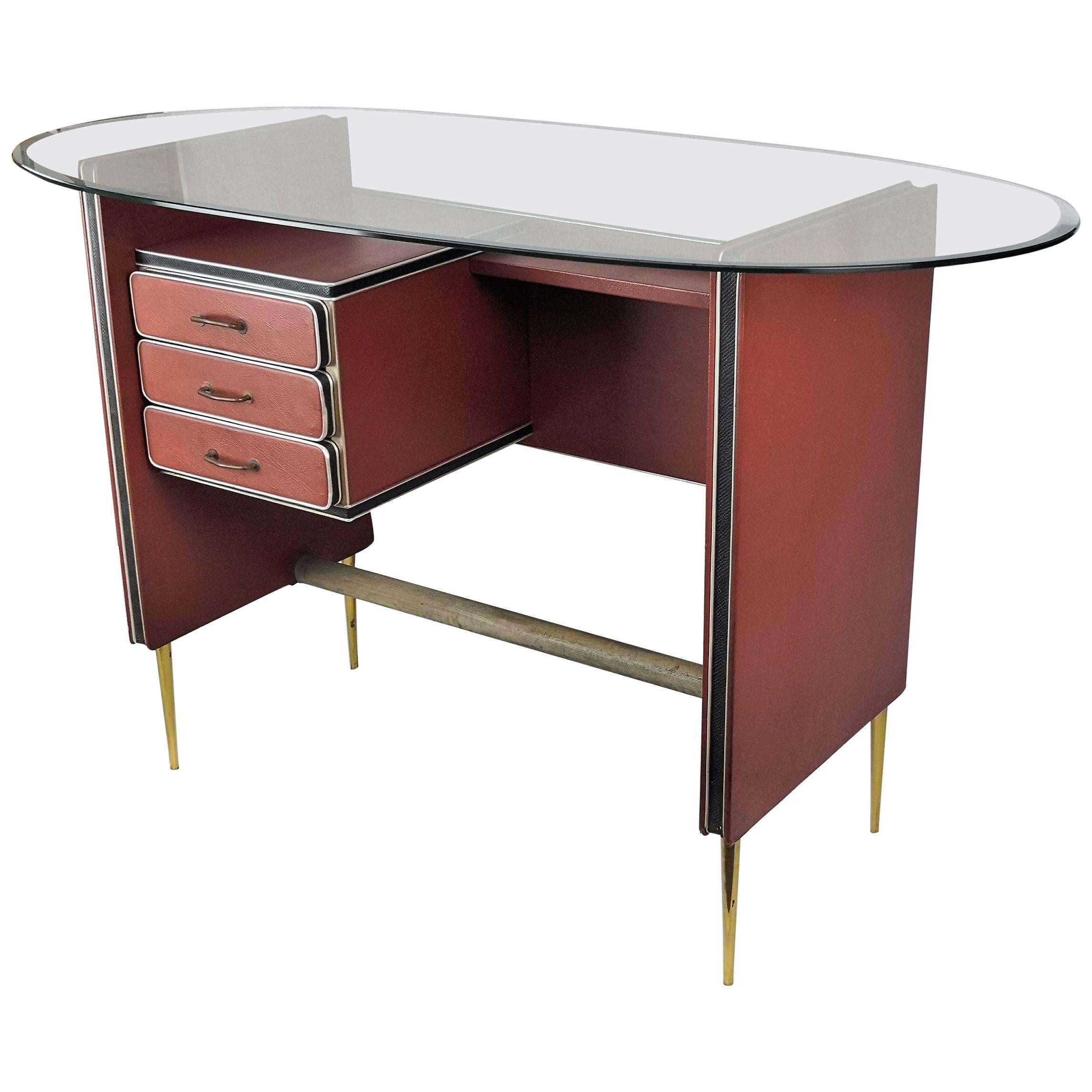 1960s Italian Mid-Century Art Deco Leather Parchment Tan and Brass Writing Desk