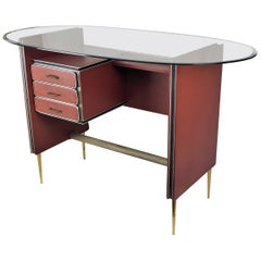 1960s Italian Mid-Century Art Deco Leather Parchment Tan and Brass Writing Desk