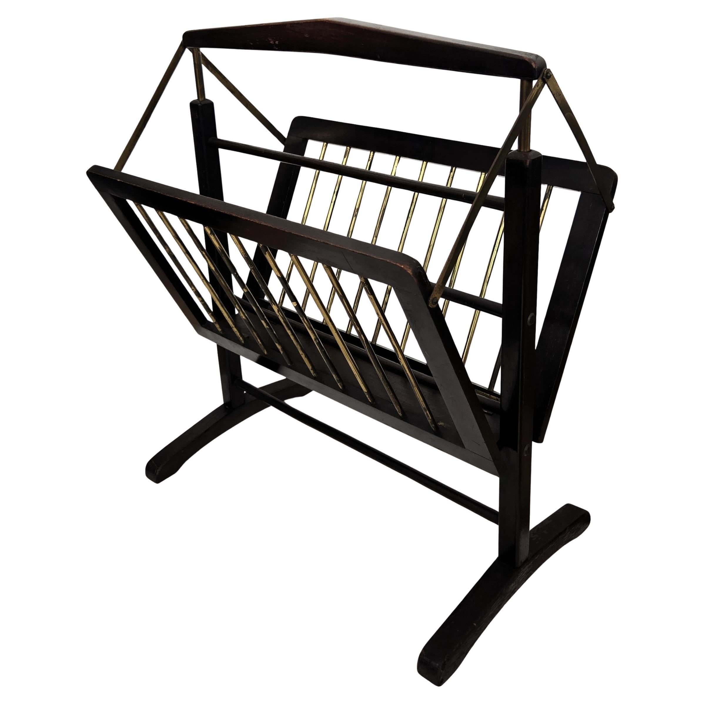 1960s Italian Mid-Century Brass & Wood Folding Folio Stand Magazine Rack