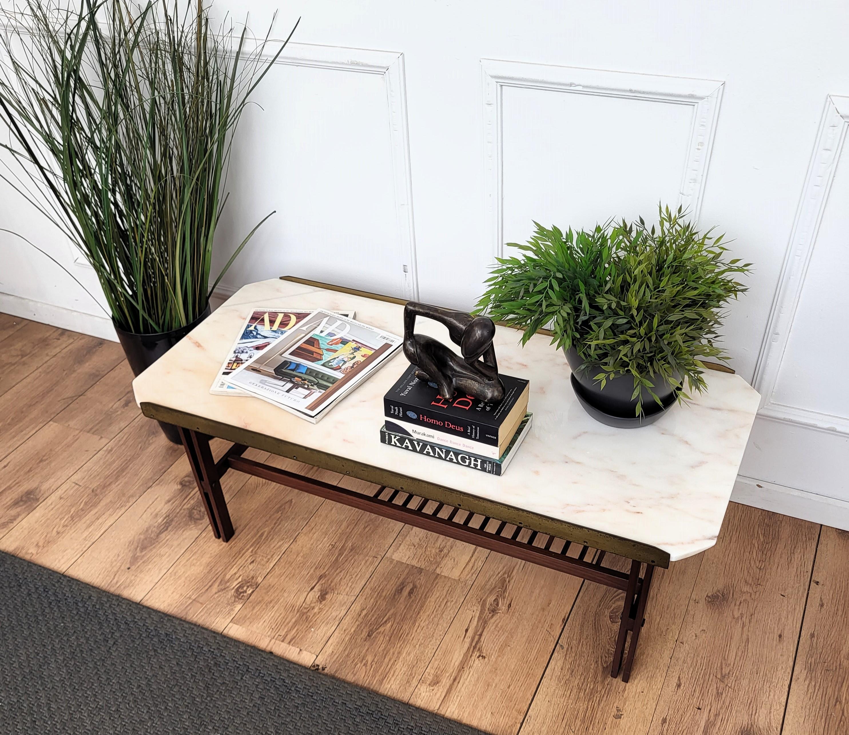 20th Century 1960s Italian Mid-Century Modern Marble Brass and Wood Cocktail Coffee Table For Sale