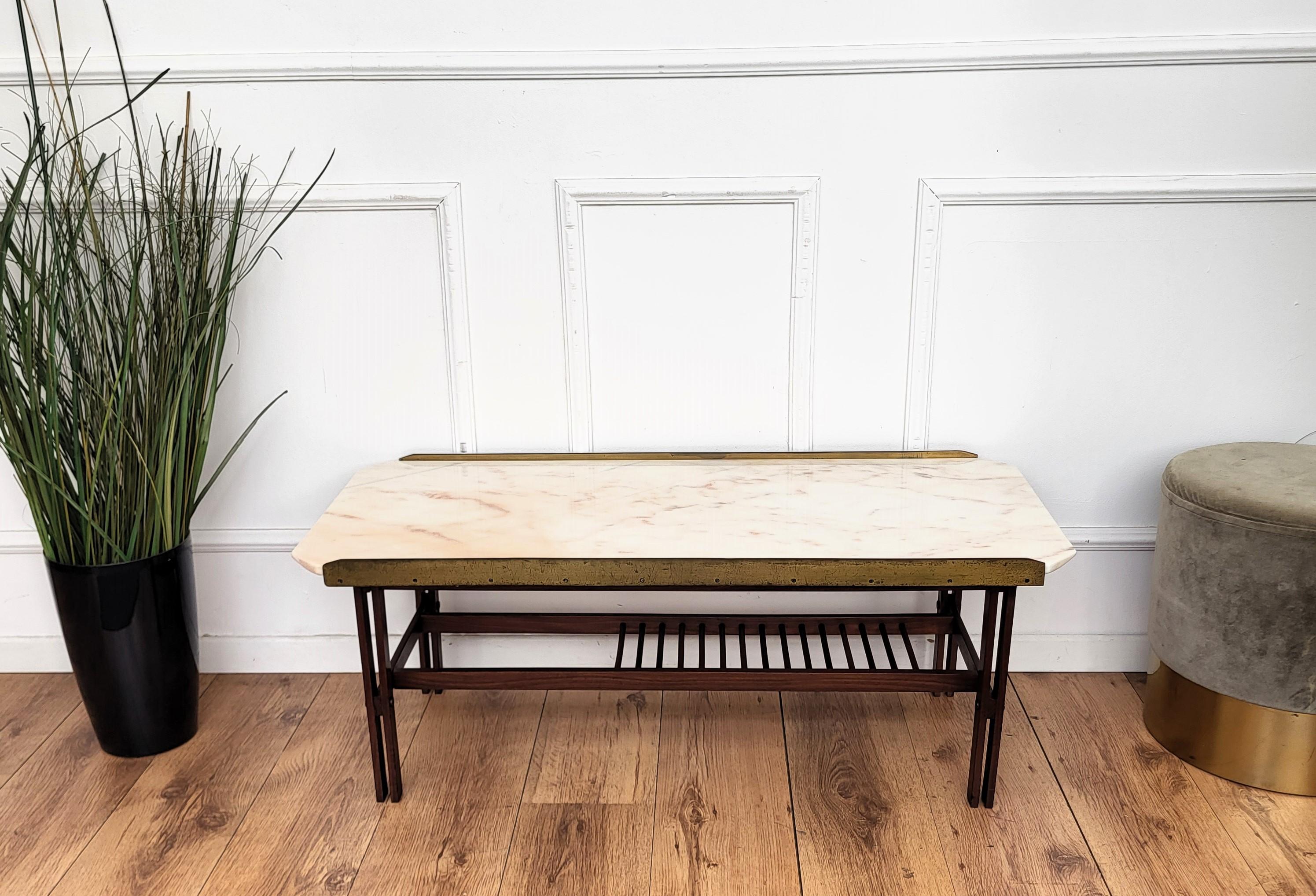 1960s Italian Mid-Century Modern Marble Brass and Wood Cocktail Coffee Table For Sale 1