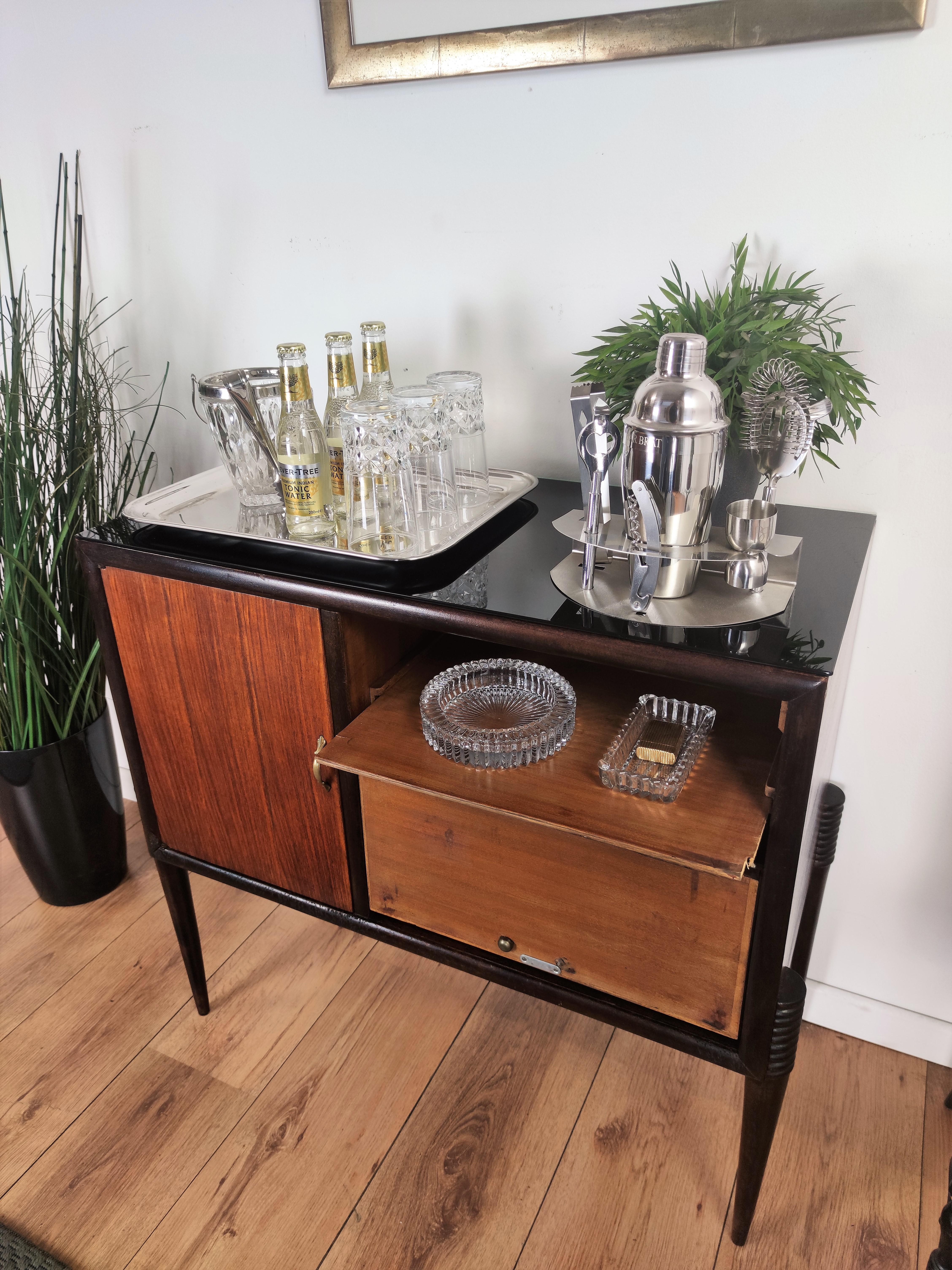 20th Century 1960s Italian Mid-Century Modern Wood Brass and Glass Top Dry Bar Drinks Cabinet
