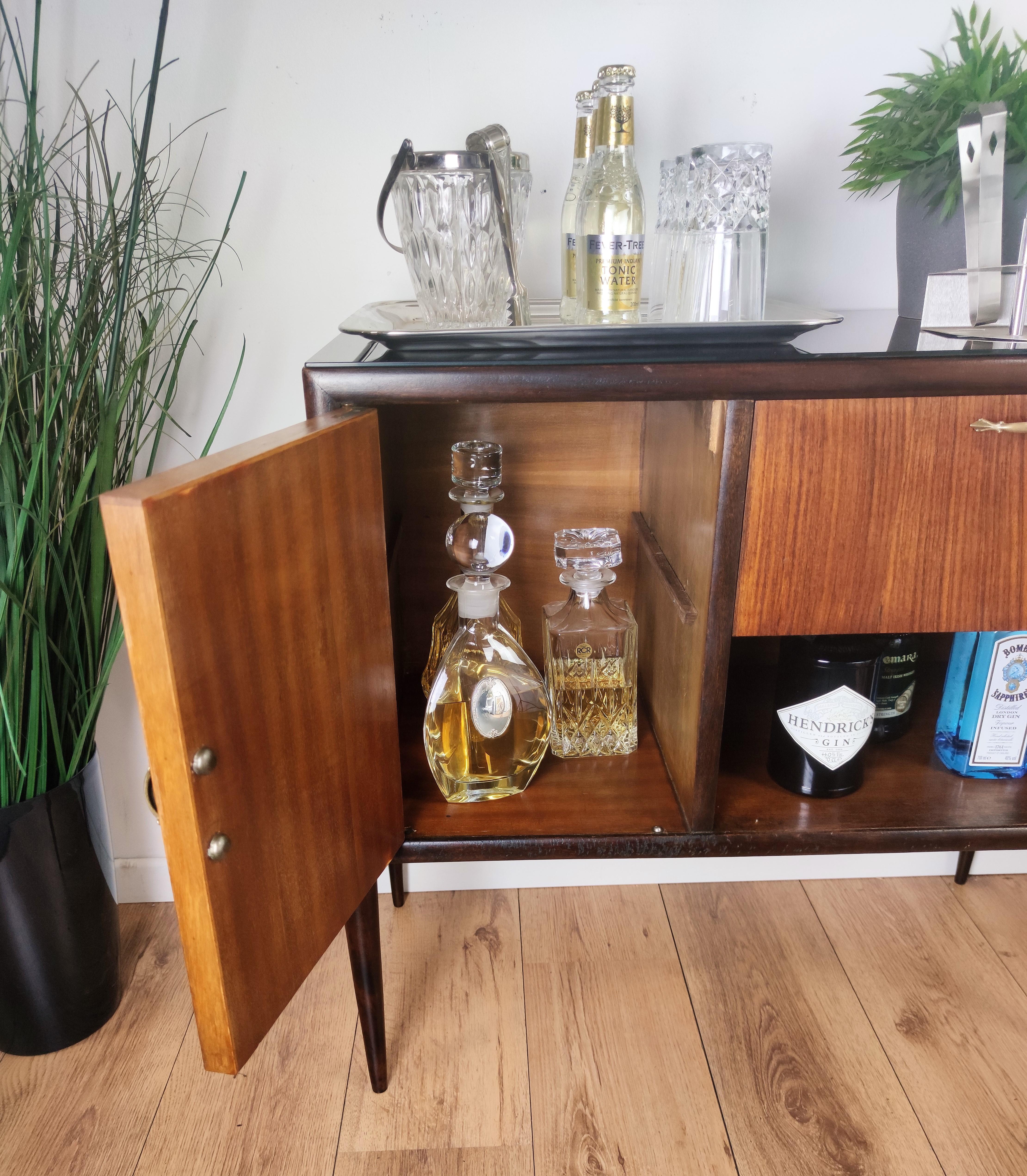 1960s Italian Mid-Century Modern Wood Brass and Glass Top Dry Bar Drinks Cabinet 1