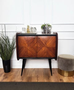 1960s Italian Mid-Century Modern Wood Brass Glass top Dry Bar Drinks Cabinet